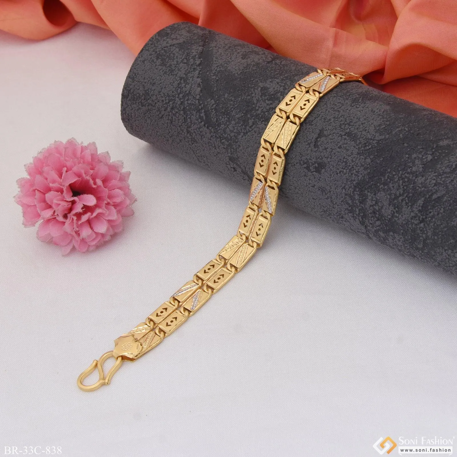 1 Gram Gold Plated 2 Line Nawabi Fashionable Design Bracelet for Men - Style C838