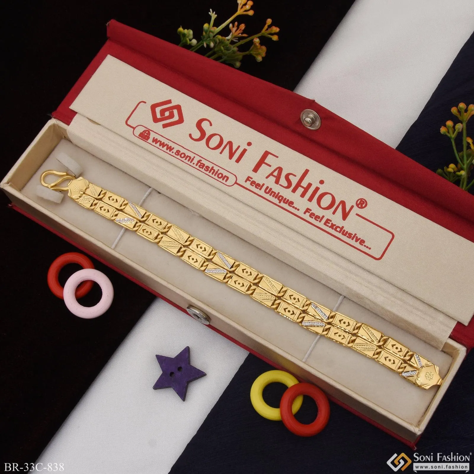 1 Gram Gold Plated 2 Line Nawabi Fashionable Design Bracelet for Men - Style C838