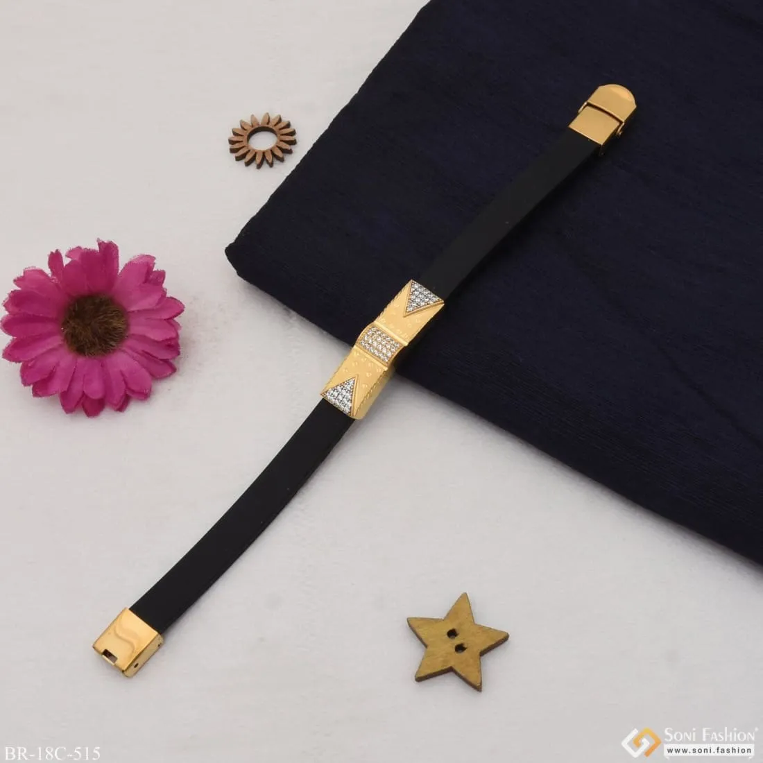 1 Gram Gold Plated with Diamond Sophisticated Design Bracelet for Men - Style C515