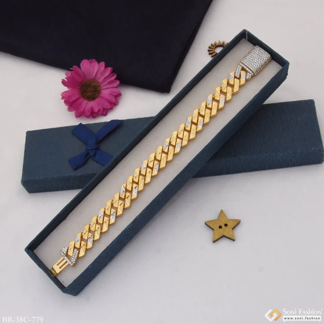 1 Gram Gold Plated With Diamond Sophisticated Design Bracelet For Men - Style C779