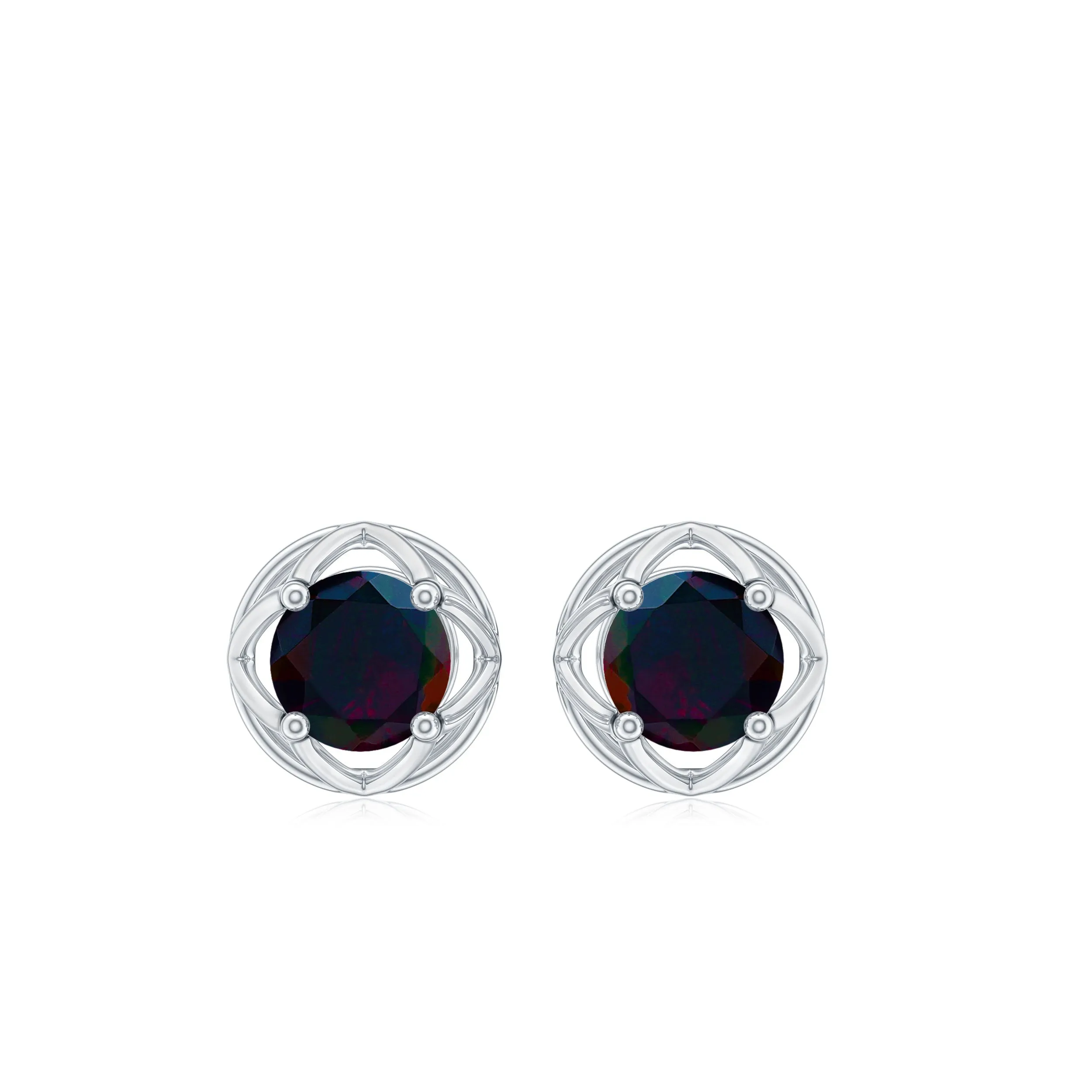 1/2 CT Round Shape Black Opal Solitaire Floral Stud Earrings
