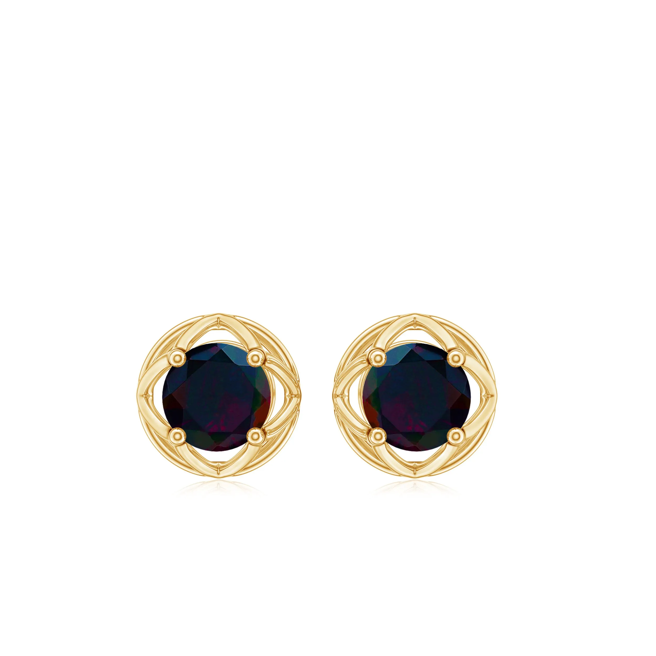 1/2 CT Round Shape Black Opal Solitaire Floral Stud Earrings