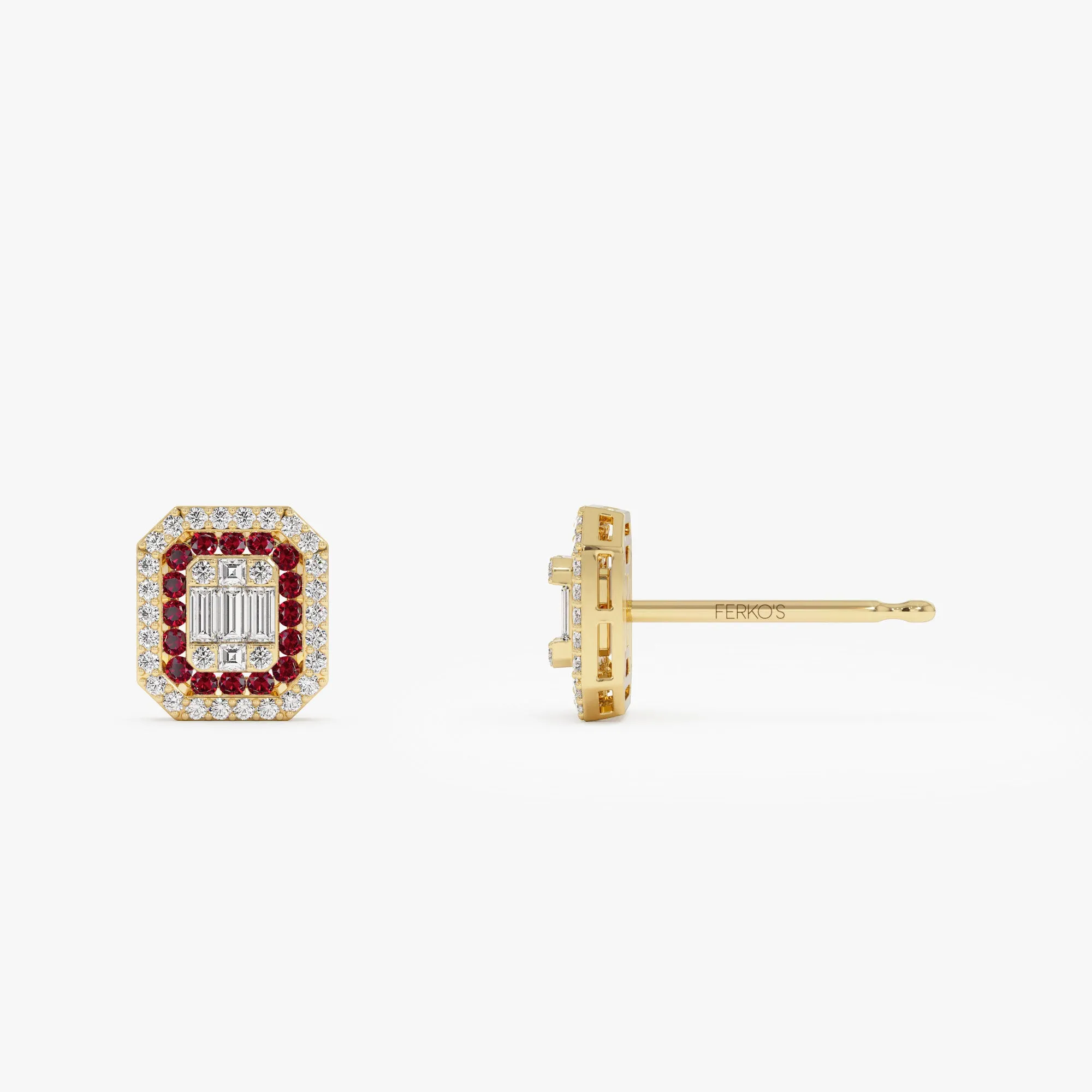 14k Baguette and Round Ruby Studs Halo Setting