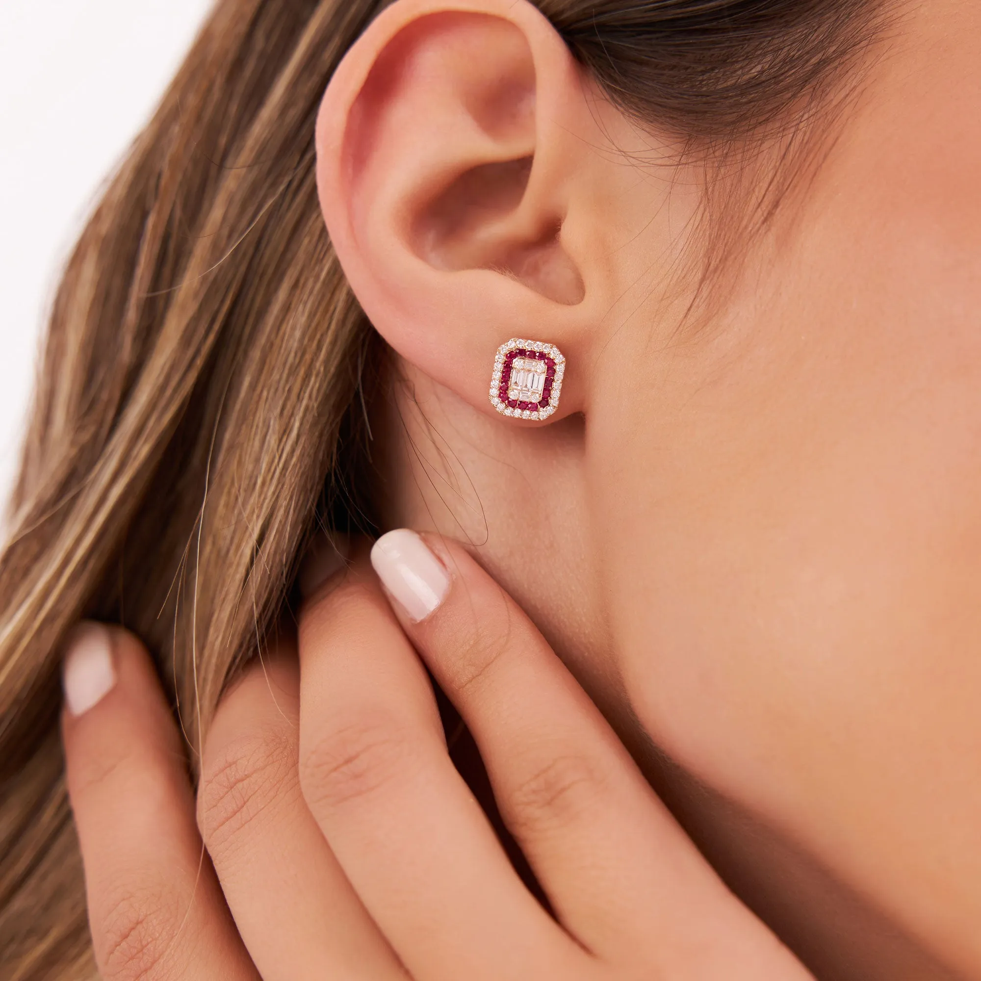 14k Baguette and Round Ruby Studs Halo Setting