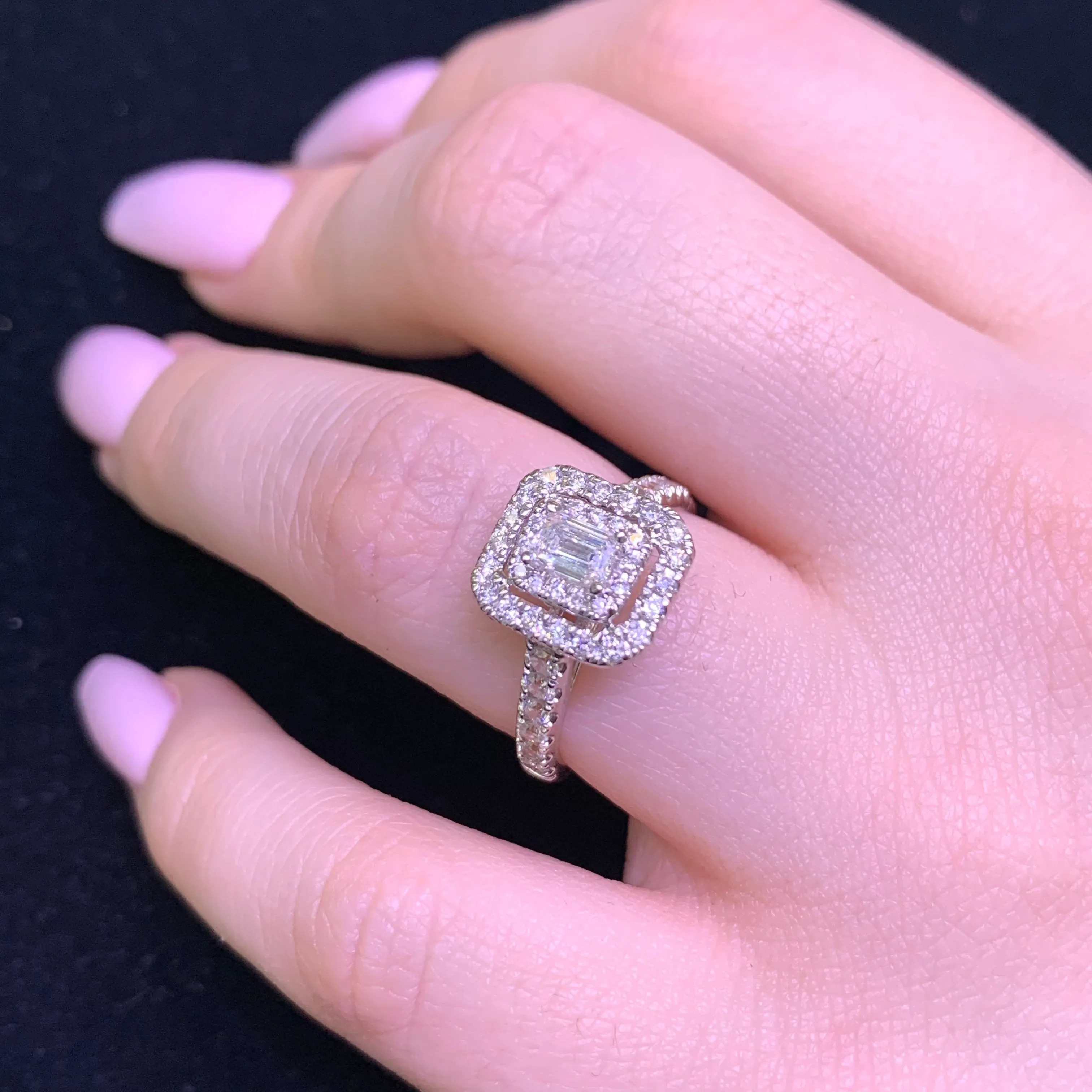 14k Gold Double Halo Square-Shaped Engagement Diamond Ring (emerald-cut solitaire center)