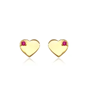 14k Gold Small Heart With Ruby CZ Stud Earrings