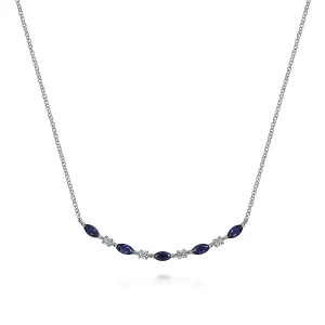 14K White Gold Diamond and Marquise Blue Sapphire Bar Necklace