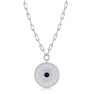 14K White Gold Diamond   Sapphire Evil Eye Coin Necklace