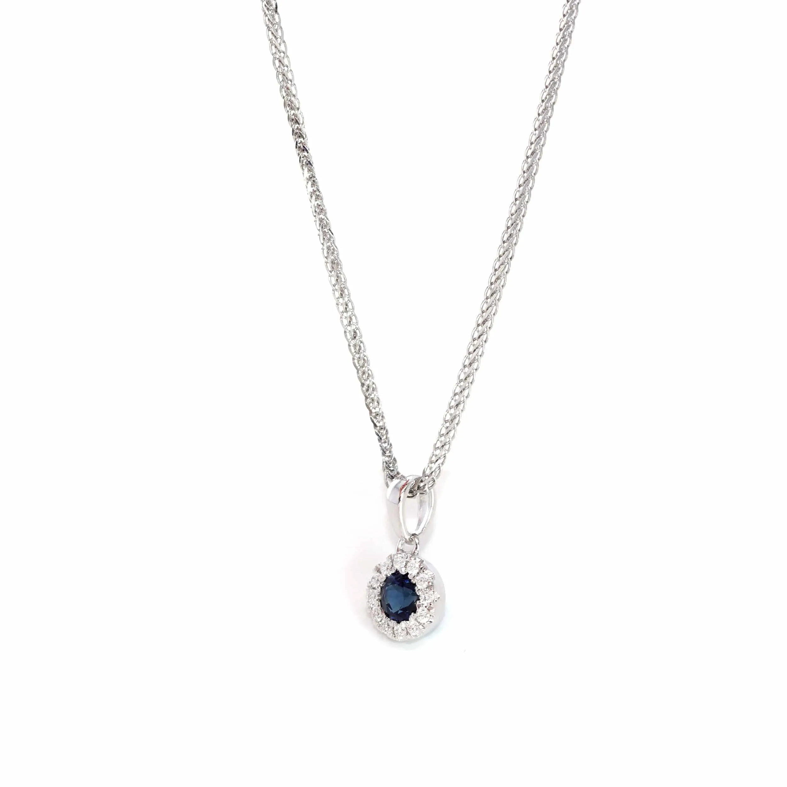 14k White Gold Natural Blue Sapphire Necklace With Diamond