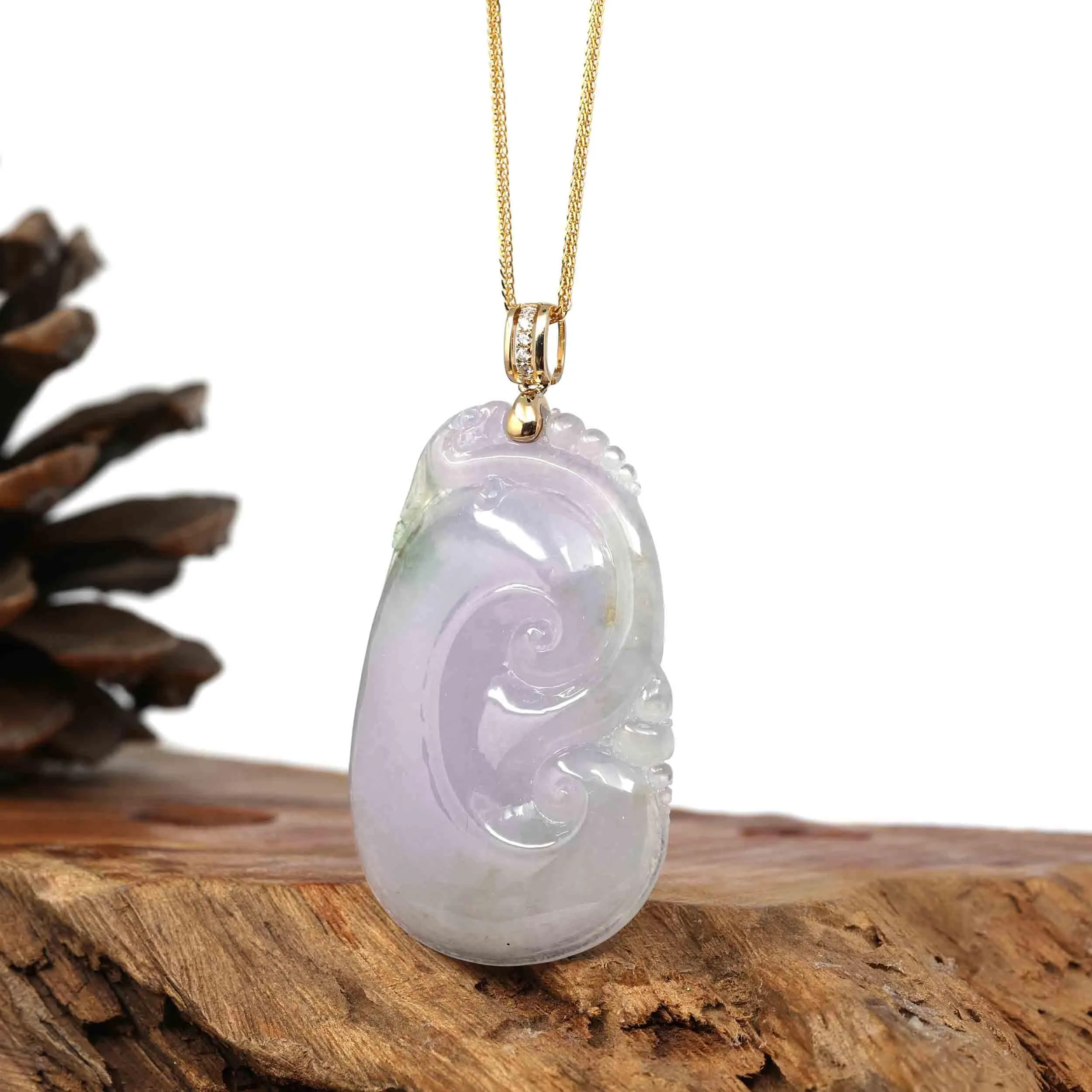 14k Yellow Gold Genuine Burmese Light Lavender Jadeite Happiness and Safety (Fu & Ping An) Pendant Necklace