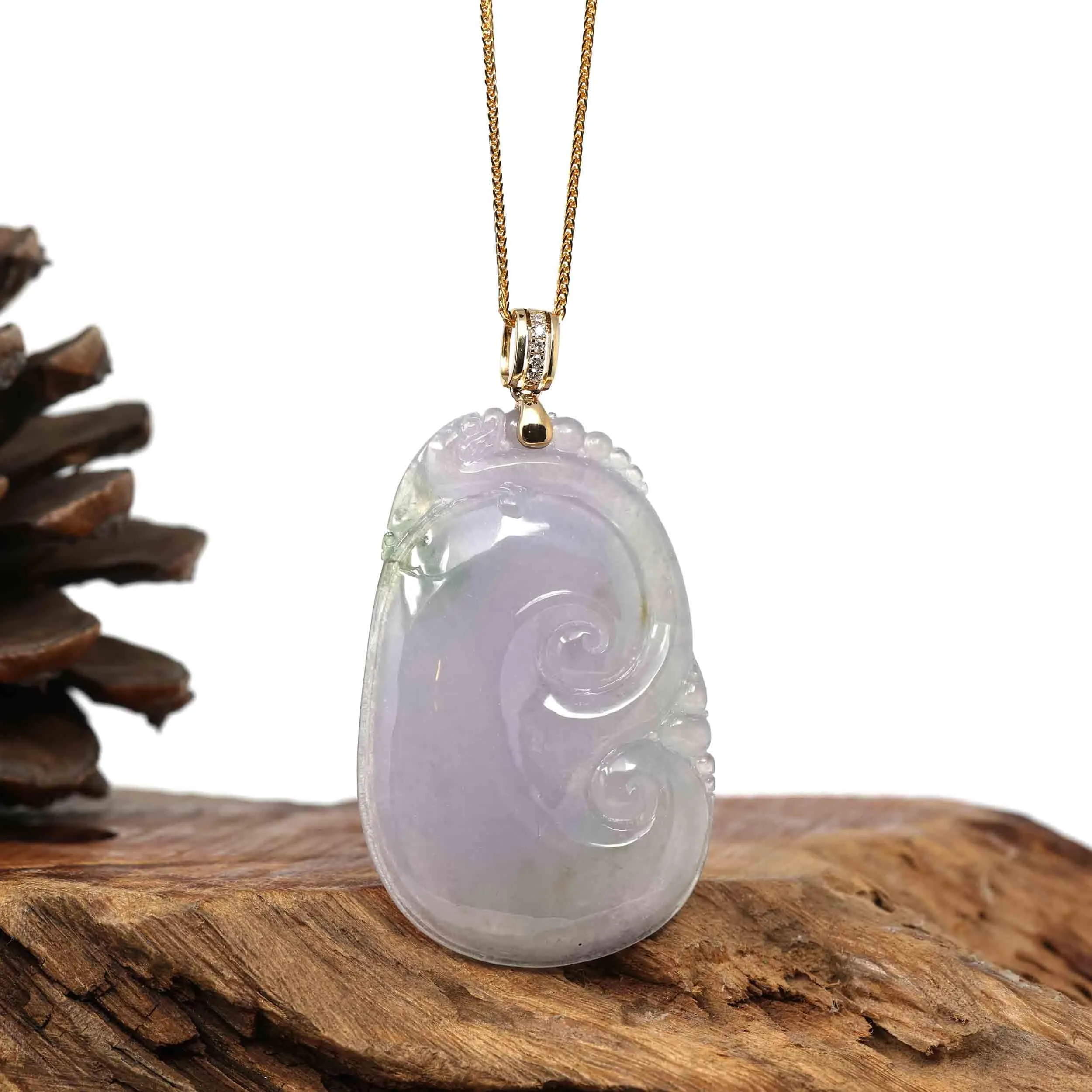 14k Yellow Gold Genuine Burmese Light Lavender Jadeite Happiness and Safety (Fu & Ping An) Pendant Necklace