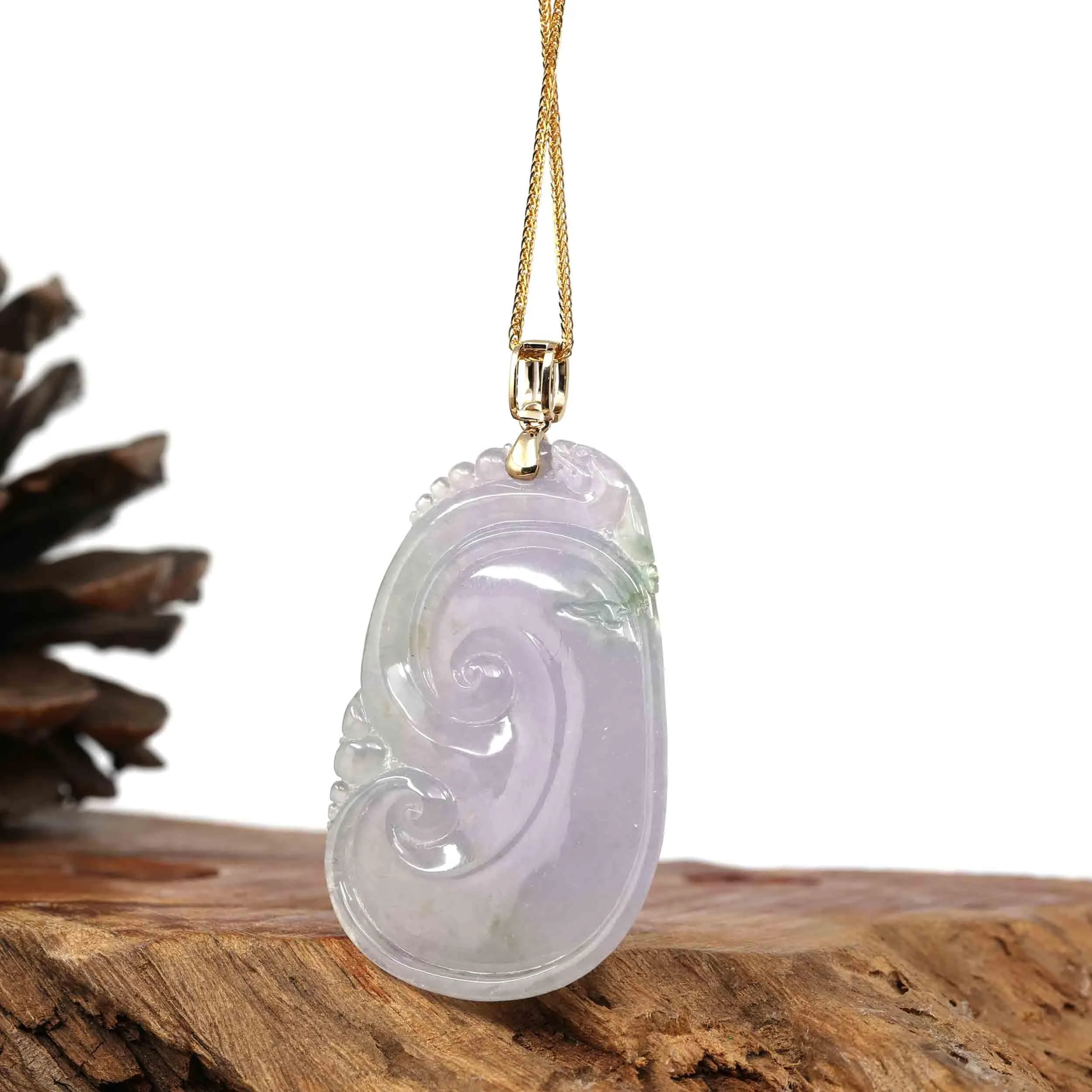 14k Yellow Gold Genuine Burmese Light Lavender Jadeite Happiness and Safety (Fu & Ping An) Pendant Necklace