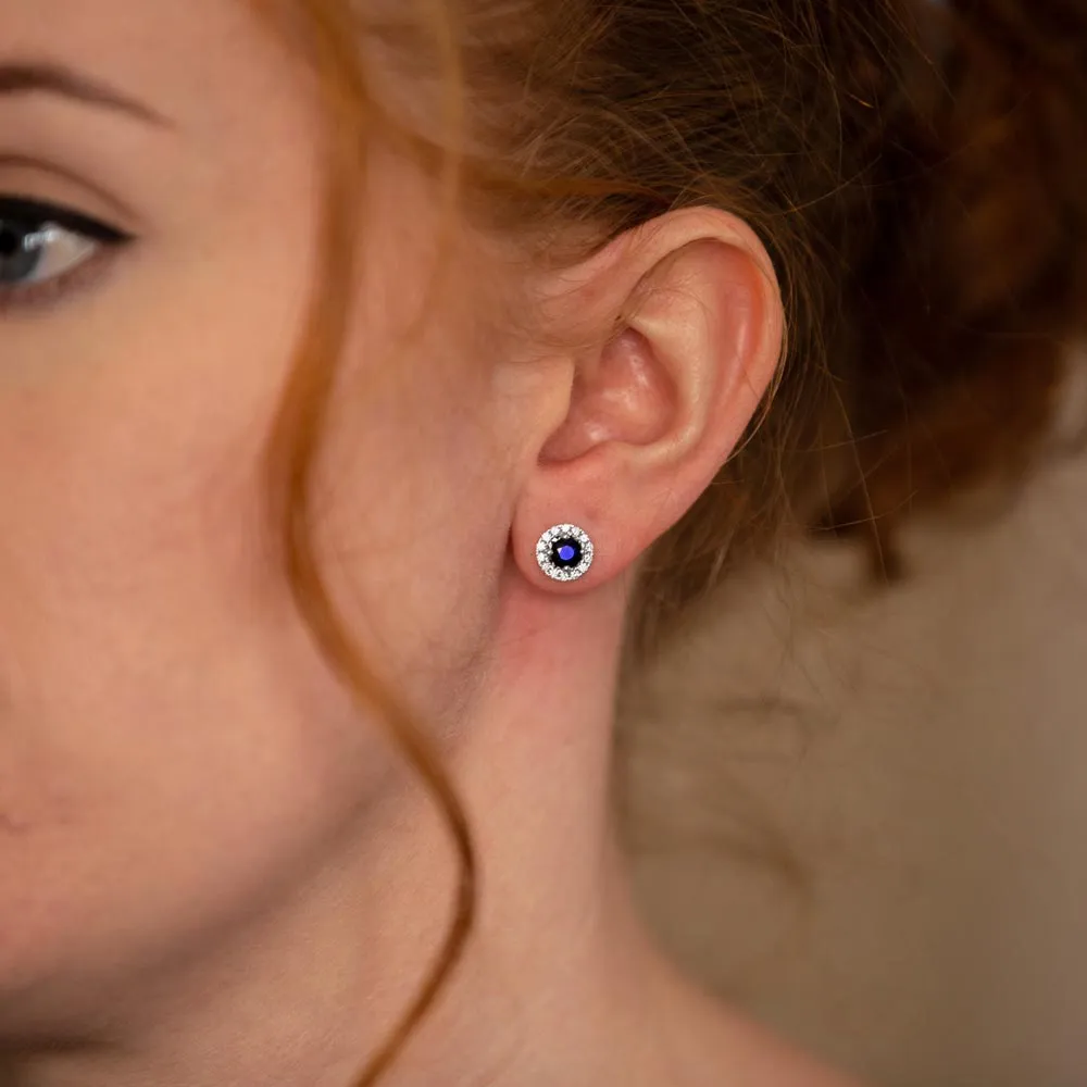18ct White Gold 0.80ct Sapphire and 0.28ct Diamond Halo Earrings