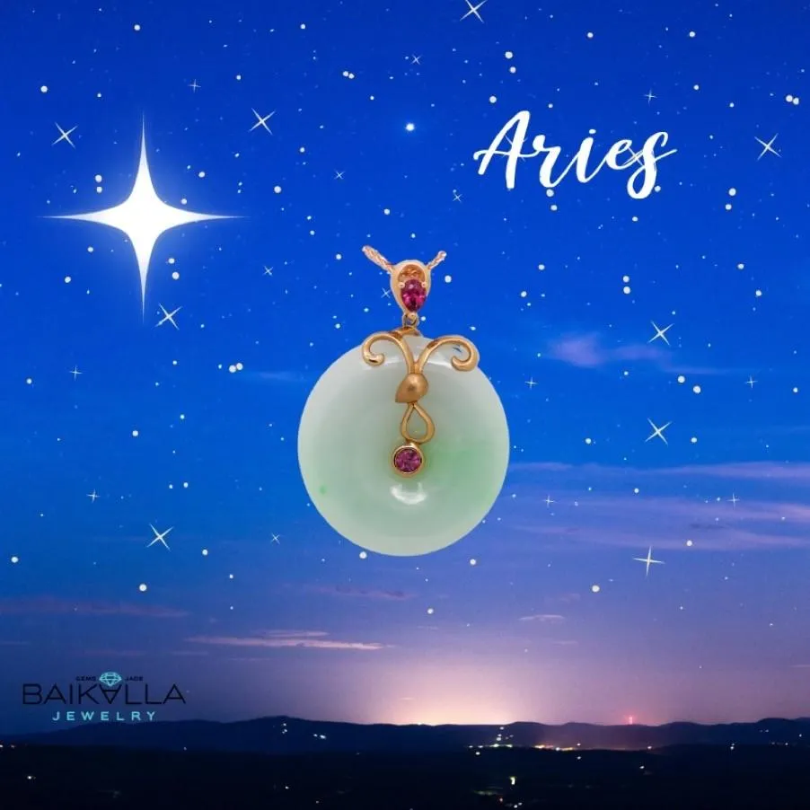 18k Rose Gold Genuine Burmese Jadeite Constellation (Aries) Necklace Pendant with Tourmaline