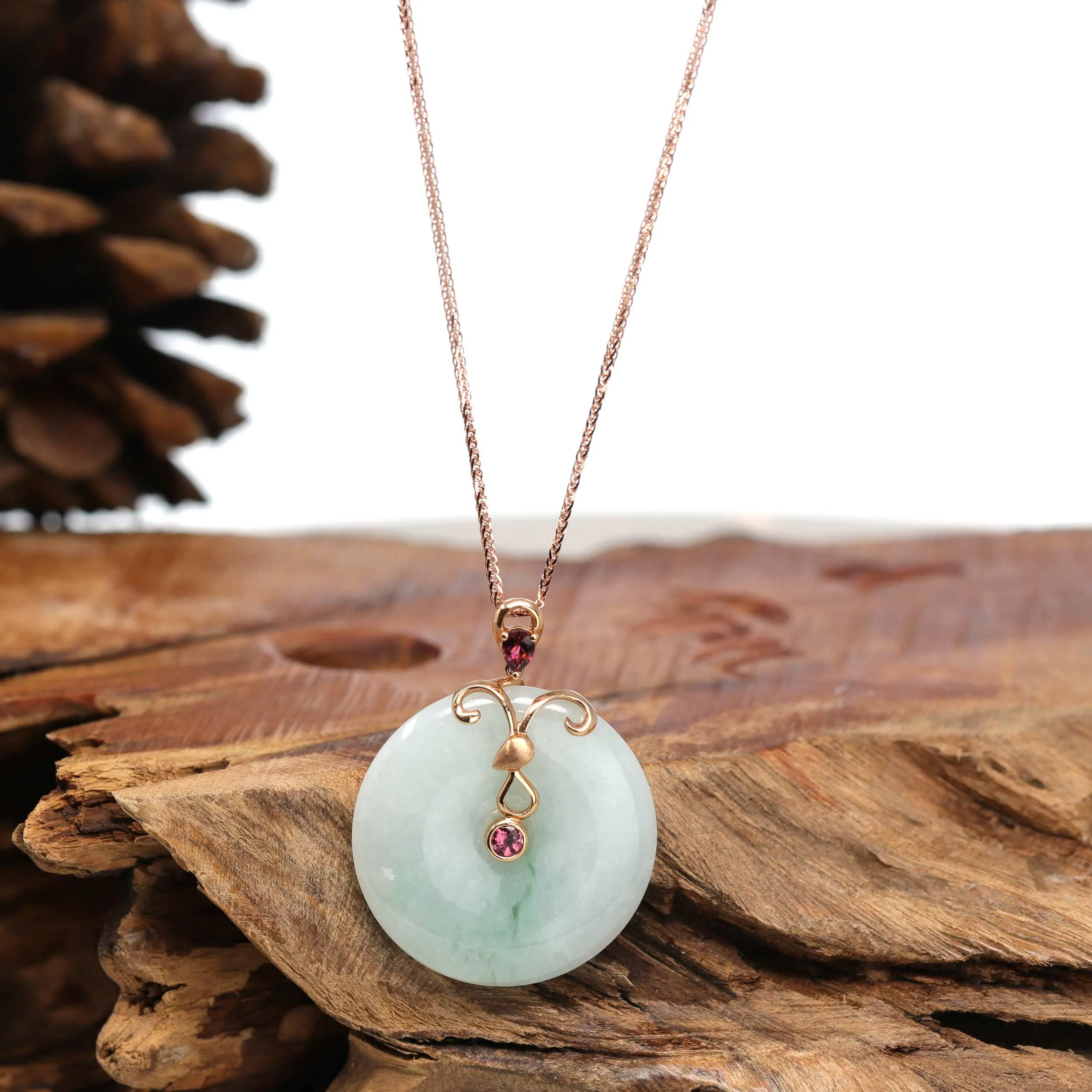 18k Rose Gold Genuine Burmese Jadeite Constellation (Aries) Necklace Pendant with Tourmaline