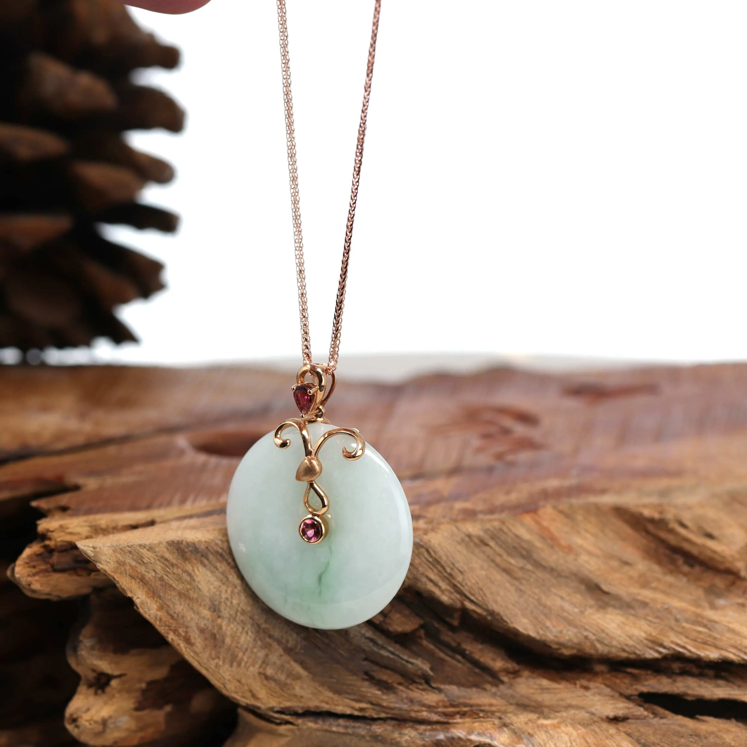 18k Rose Gold Genuine Burmese Jadeite Constellation (Aries) Necklace Pendant with Tourmaline