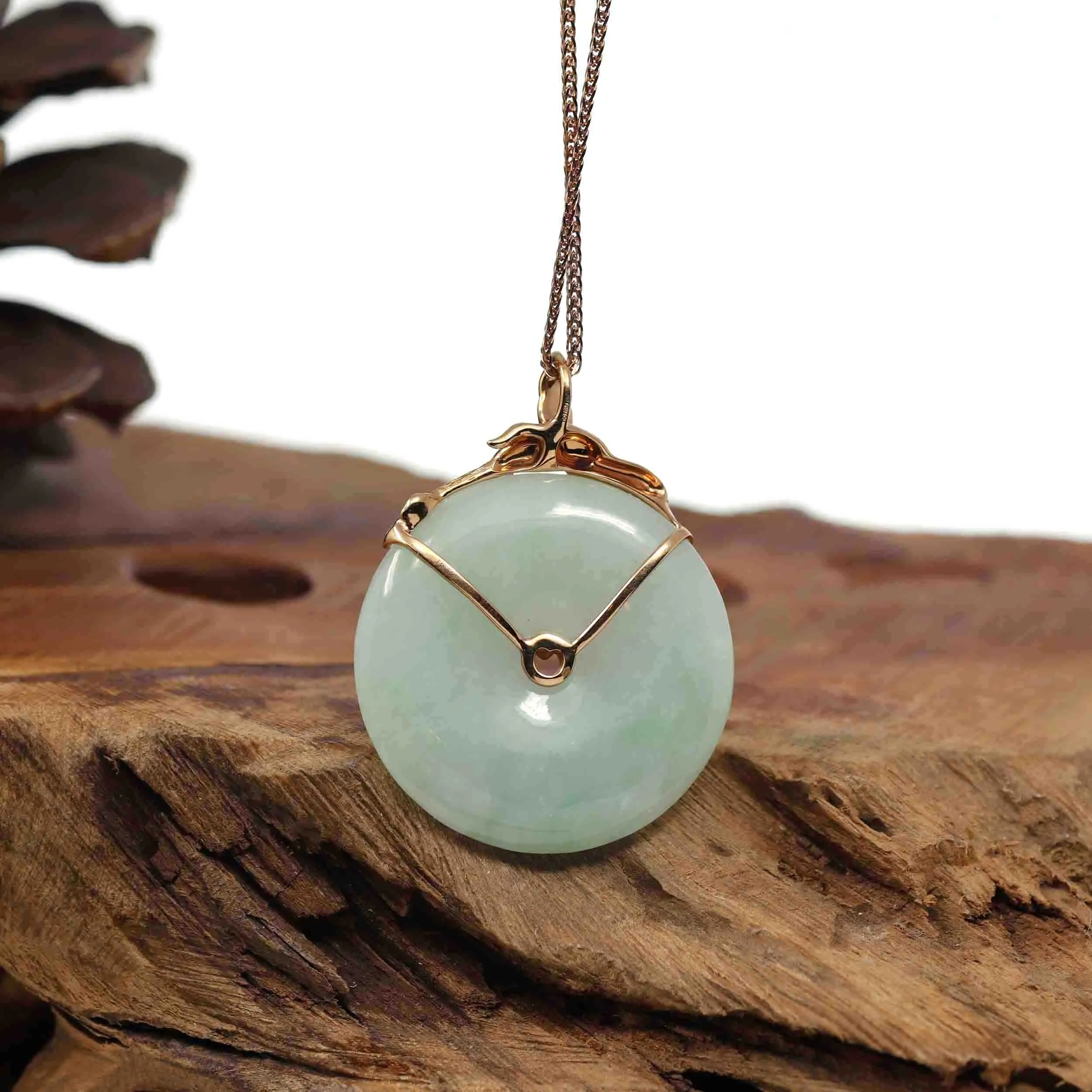 18k Rose Gold Genuine Burmese Jadeite Lucky Kou Kou Pendant Necklace With AA Ruby