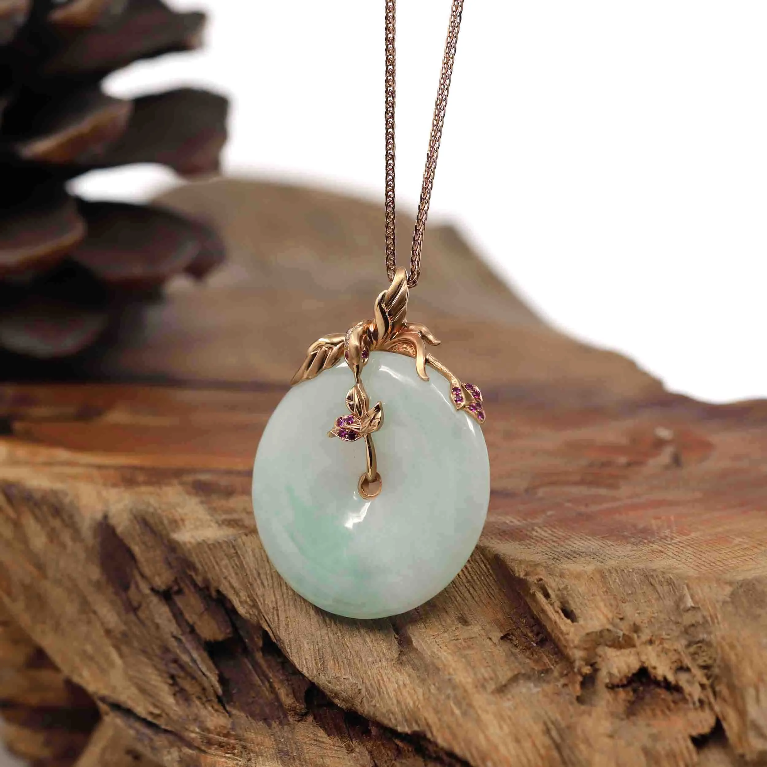 18k Rose Gold Genuine Burmese Jadeite Lucky Kou Kou Pendant Necklace With AA Ruby