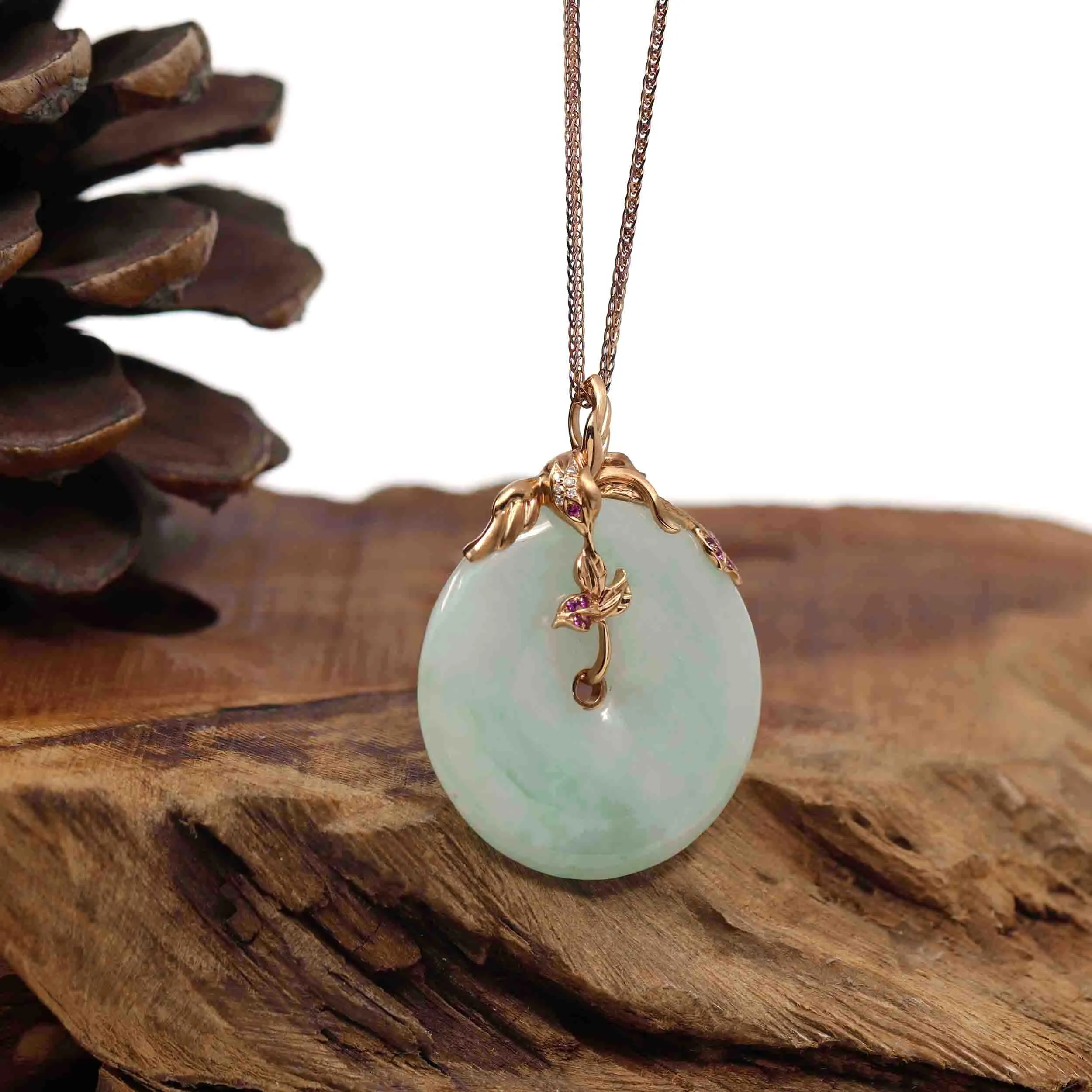 18k Rose Gold Genuine Burmese Jadeite Lucky Kou Kou Pendant Necklace With AA Ruby