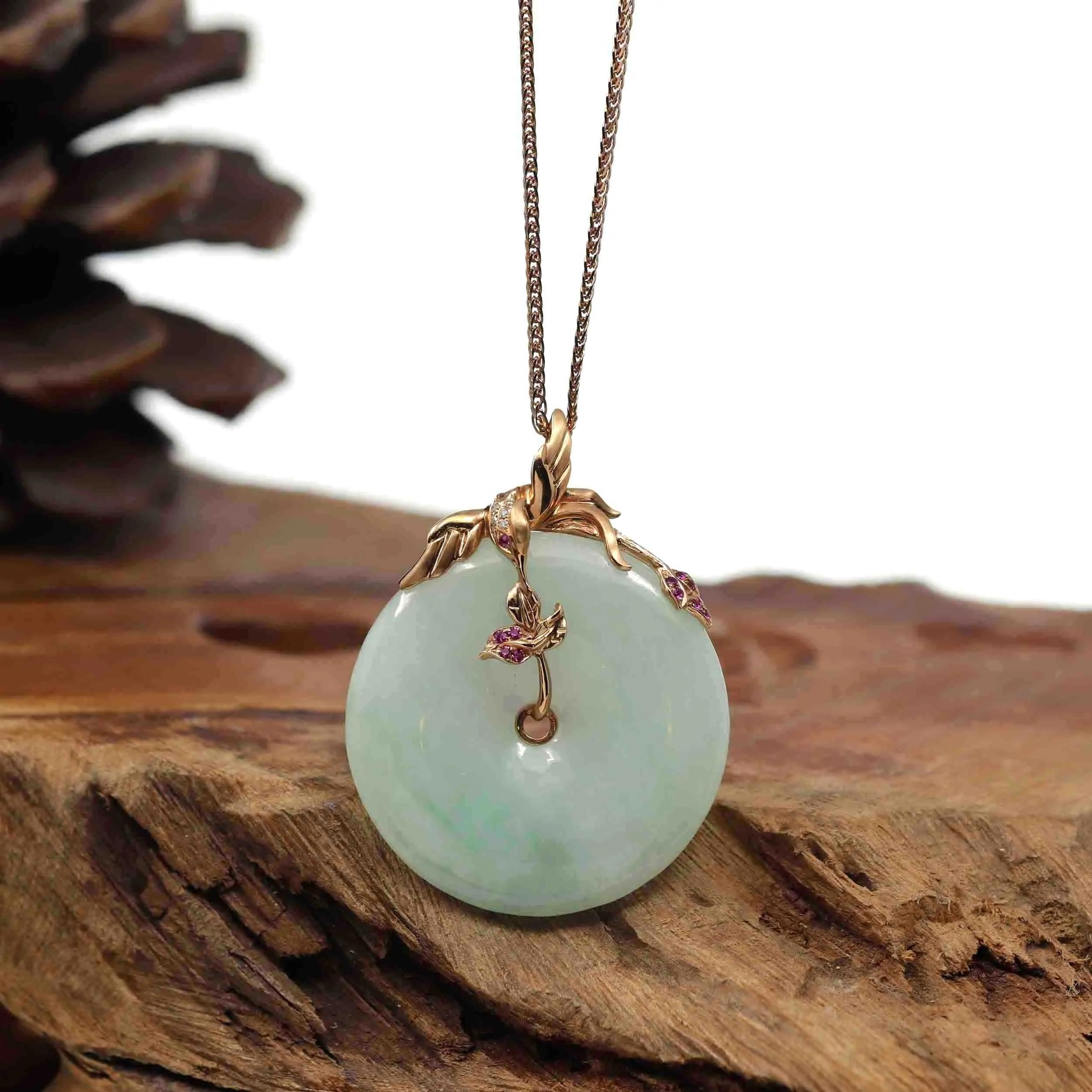 18k Rose Gold Genuine Burmese Jadeite Lucky Kou Kou Pendant Necklace With AA Ruby