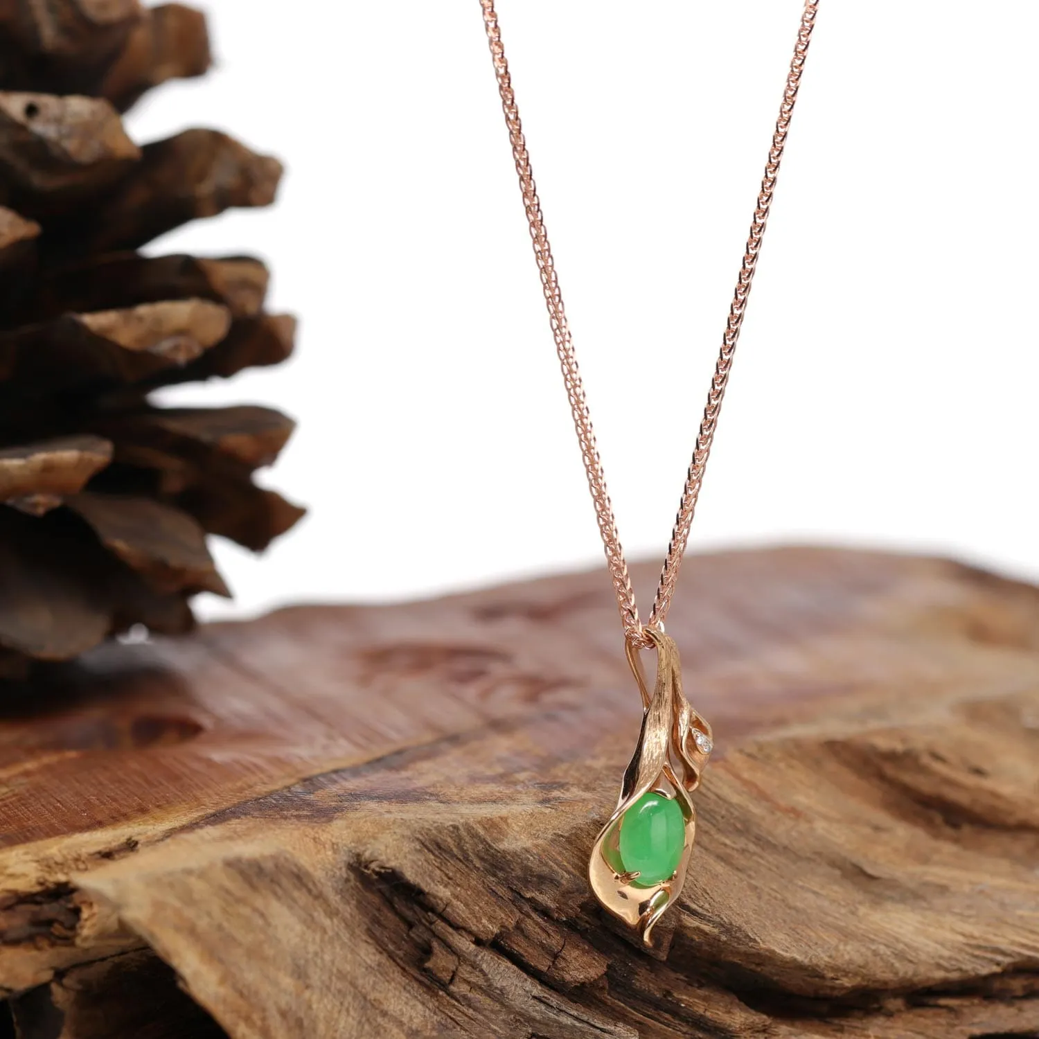 18K Rose Gold Genuine Imperial Jadeite Flower Pendant with Diamonds