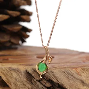 18K Rose Gold Genuine Imperial Jadeite Flower Pendant with Diamonds