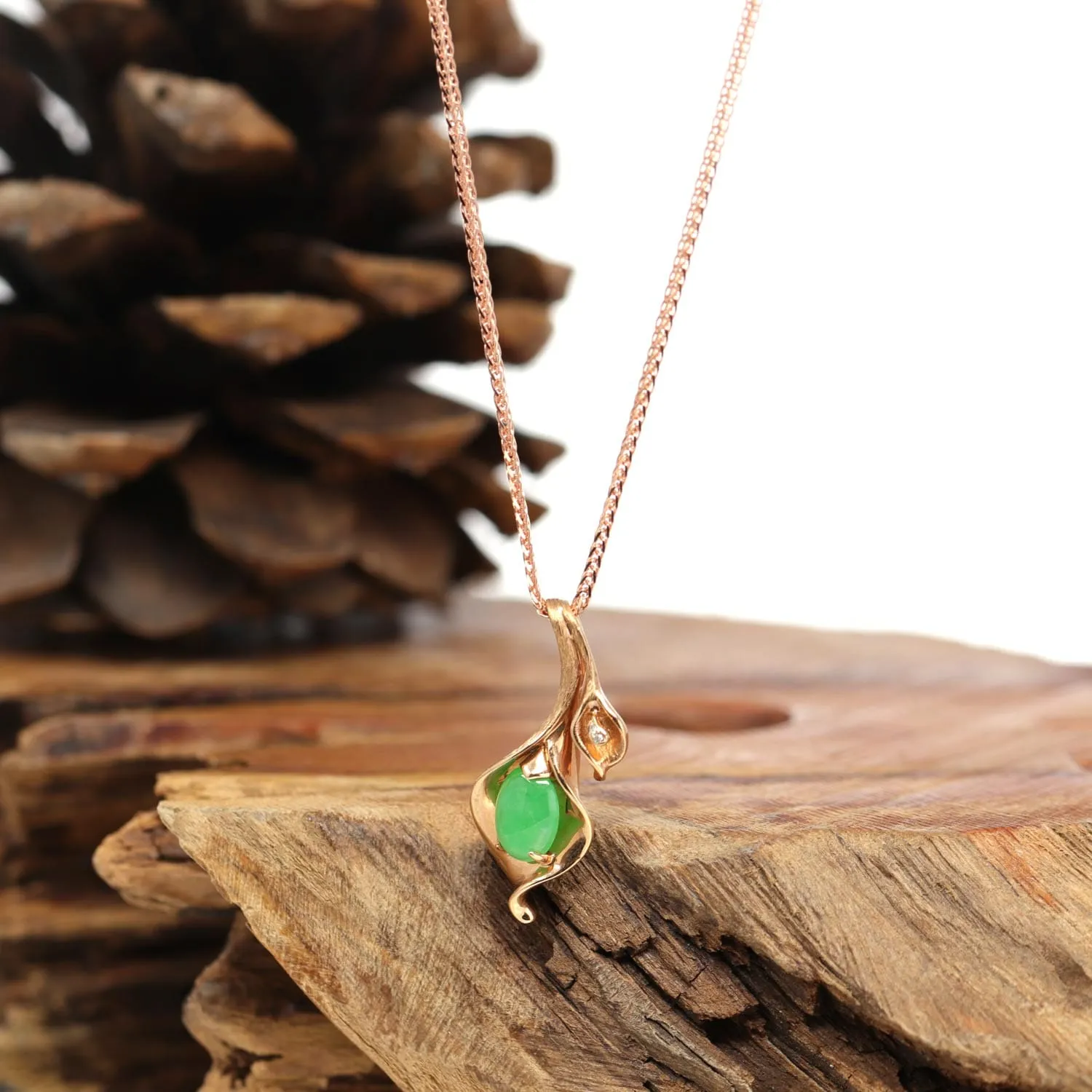18K Rose Gold Genuine Imperial Jadeite Flower Pendant with Diamonds