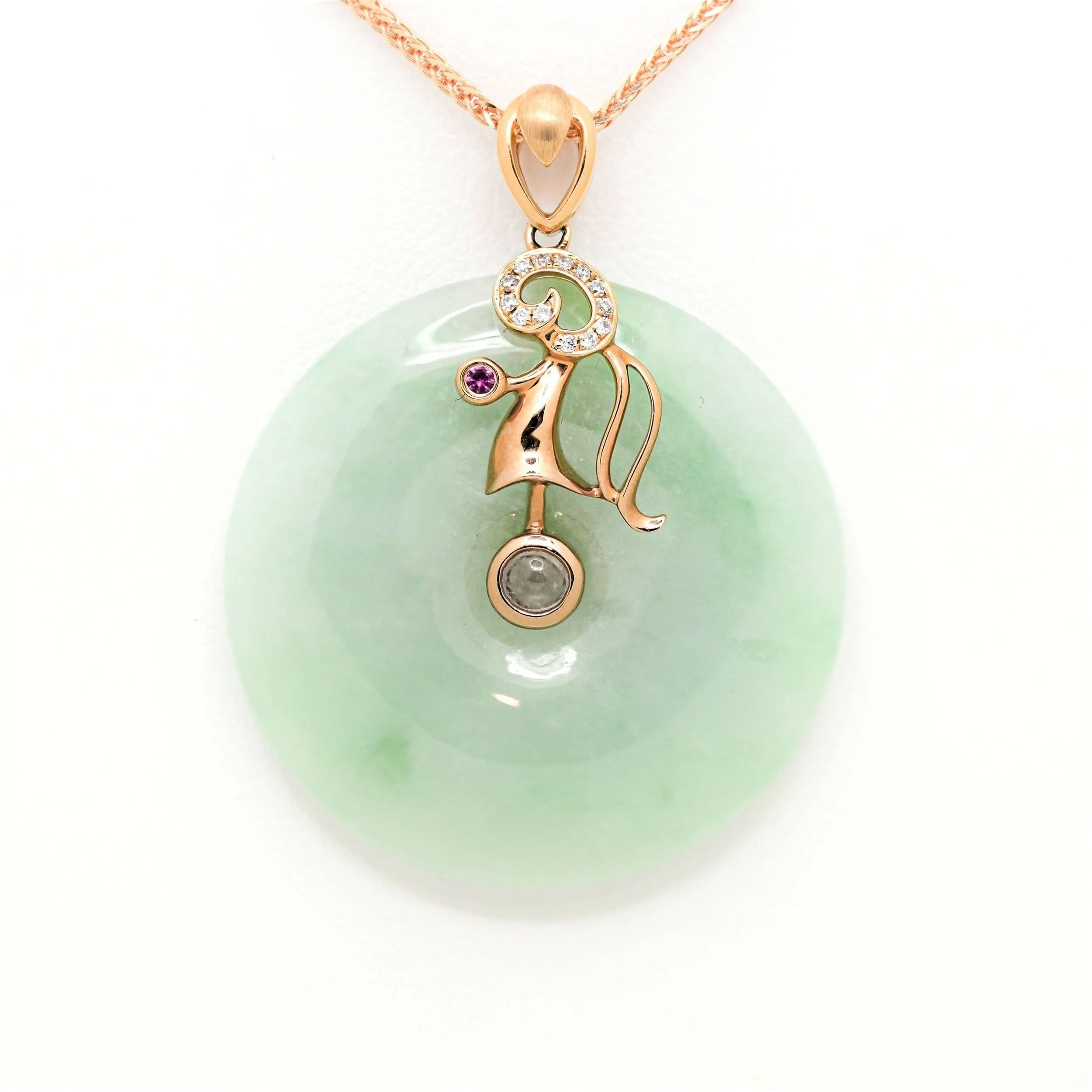 18k Rose Gold Genuine Jadeite Constellation (Virgo) Necklace Pendant with Diamonds & Ruby