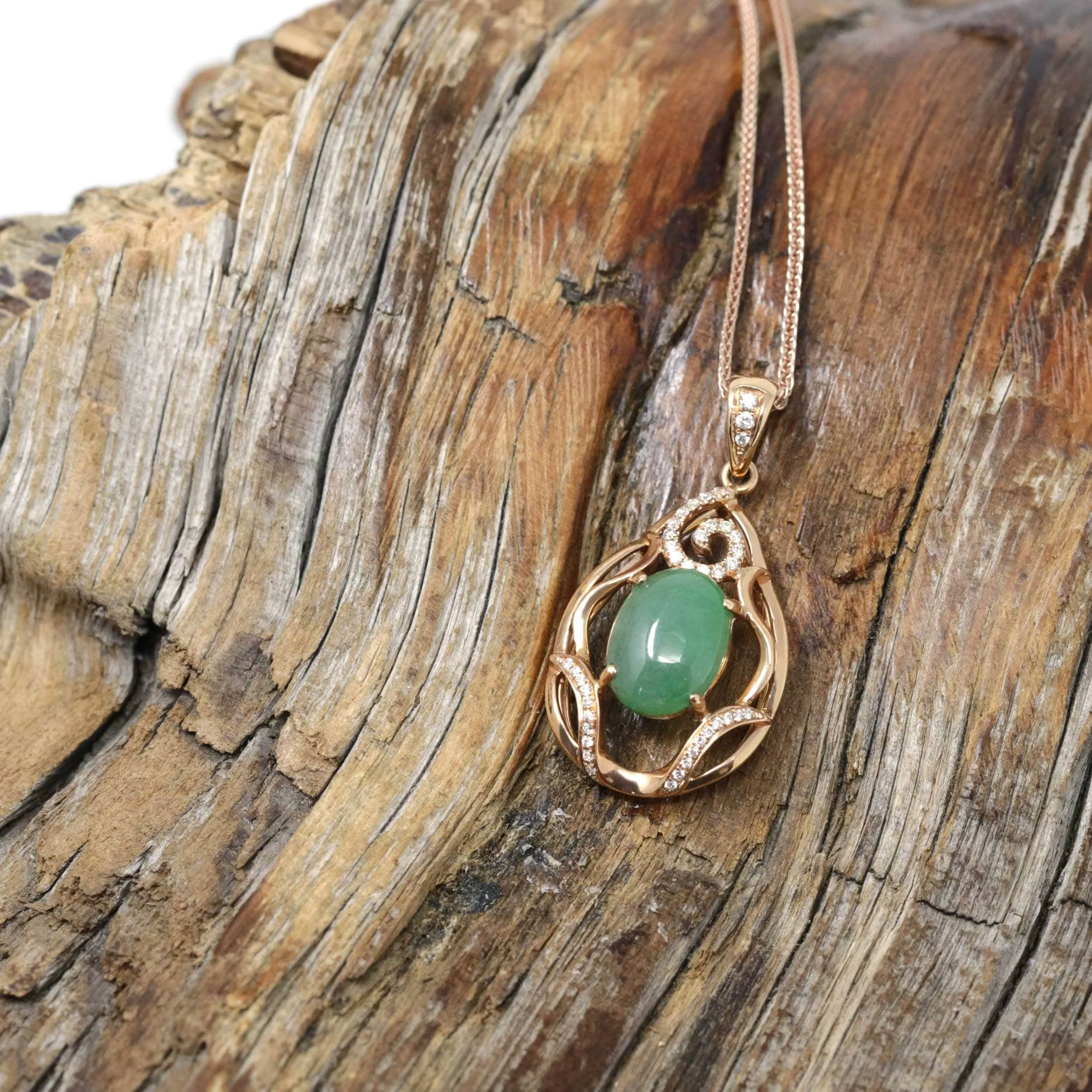 18k Rose Gold Jadeite Jade Diamond Pendant Necklace