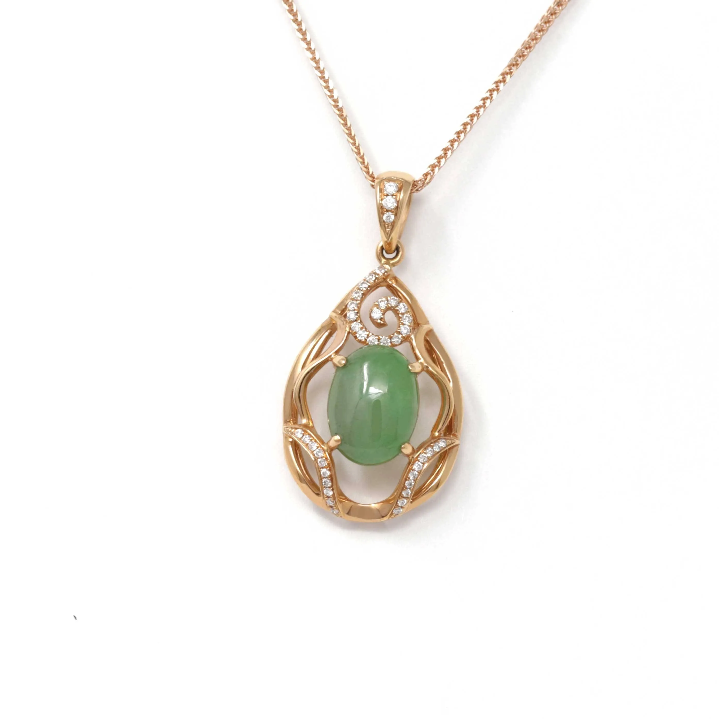 18k Rose Gold Jadeite Jade Diamond Pendant Necklace