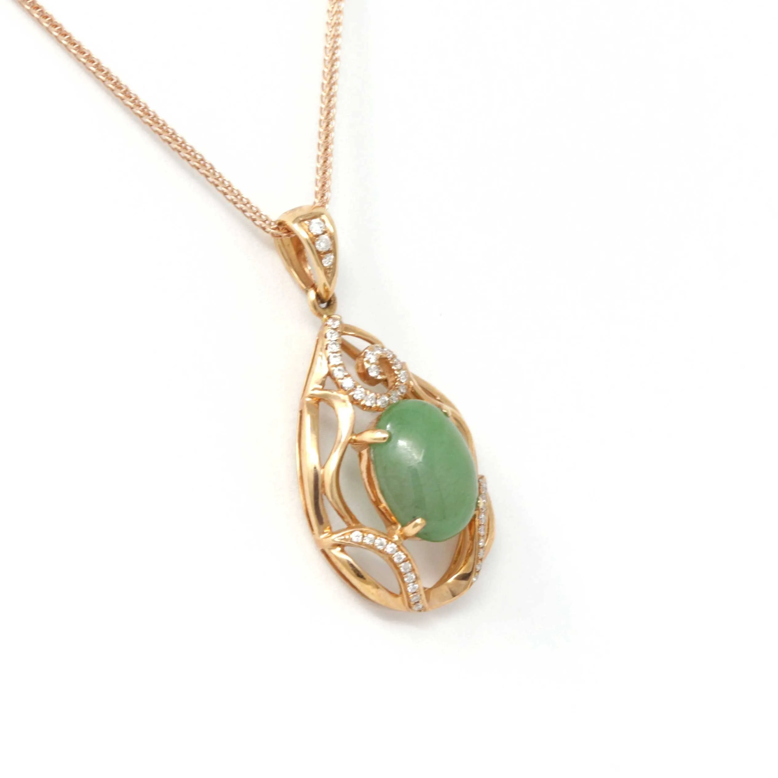 18k Rose Gold Jadeite Jade Diamond Pendant Necklace