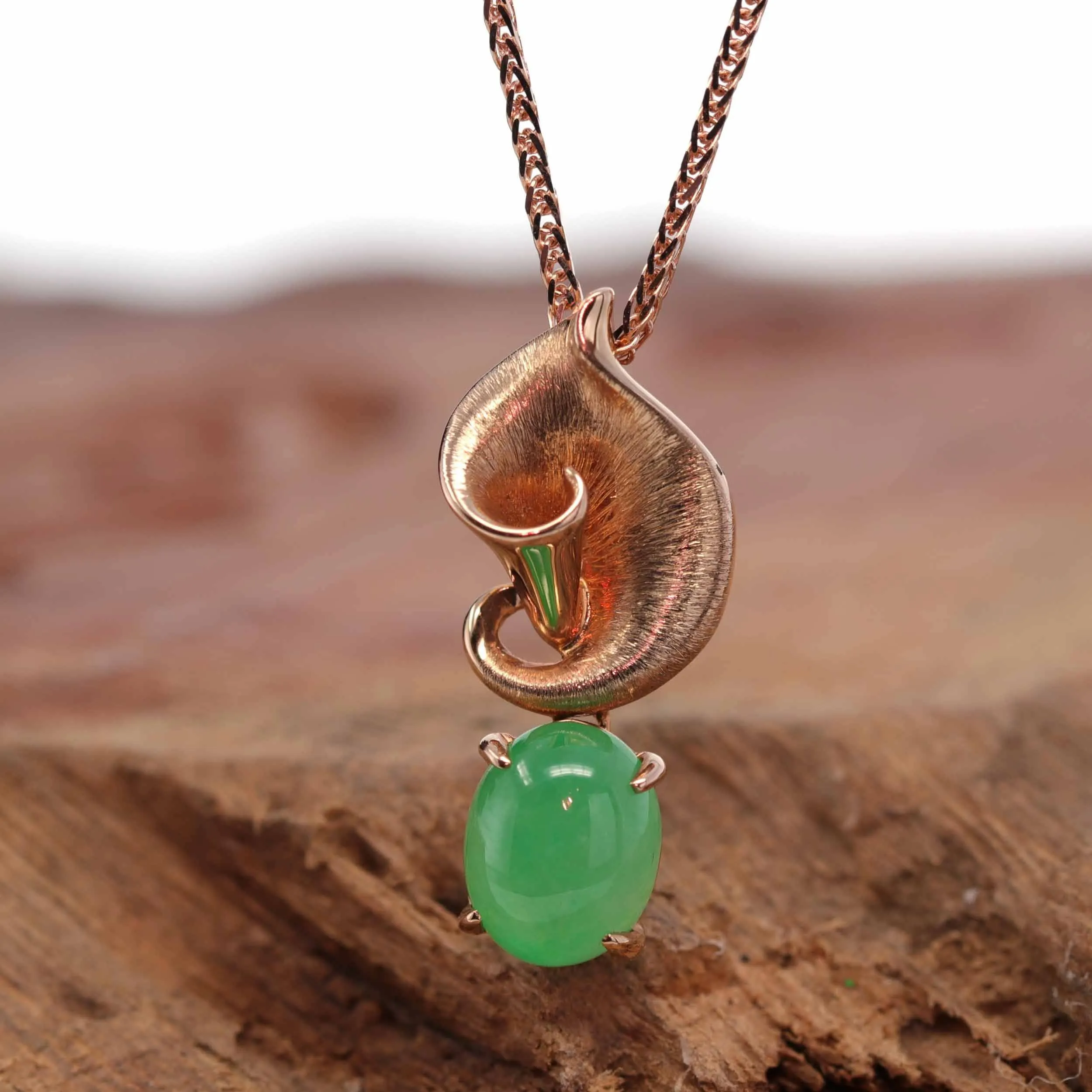 18K Rose Gold "Morning Glory" Genuine Jadeite Jade Pendant with Diamonds