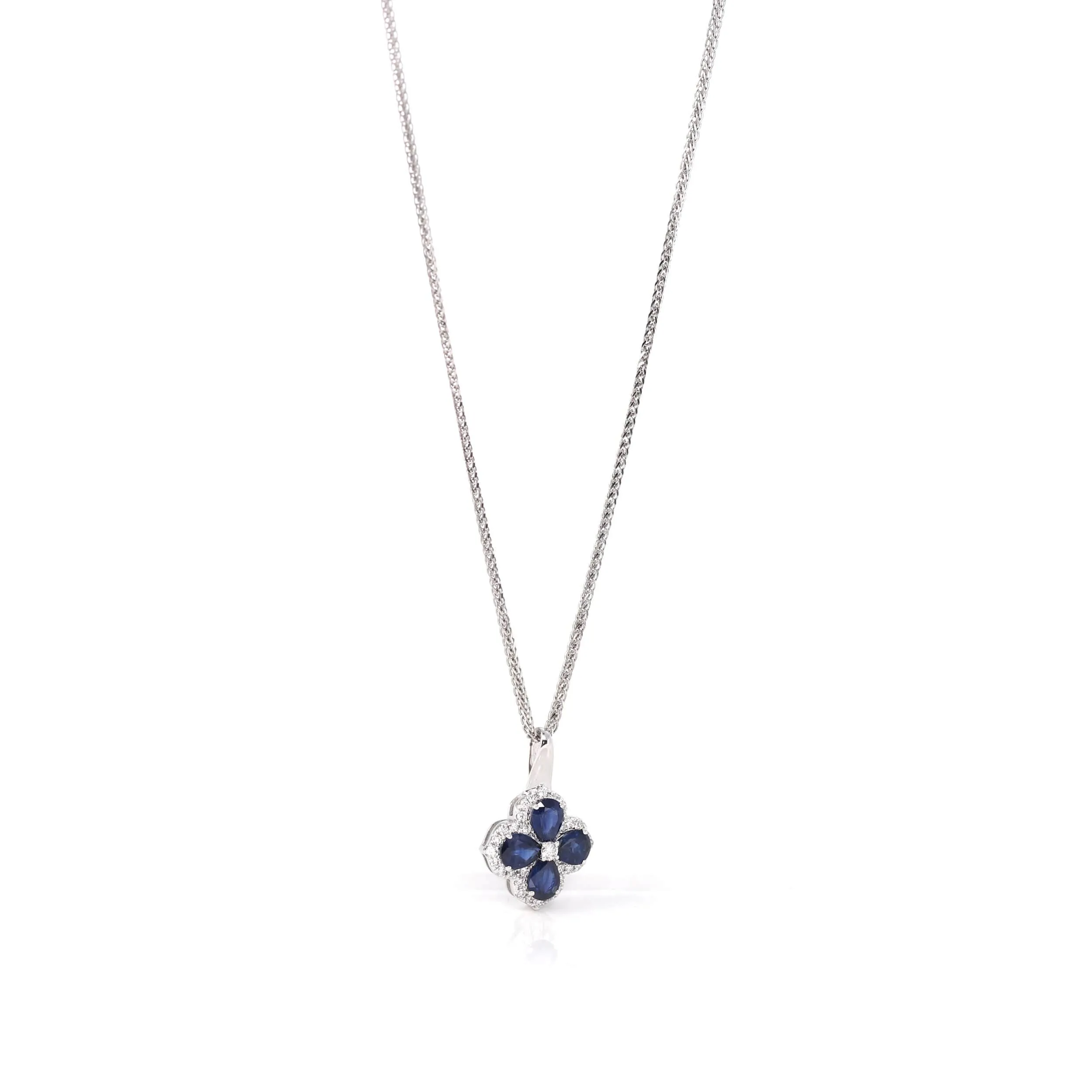 18k White Gold Natural Blue Sapphire 4 Stone Necklace With Diamonds
