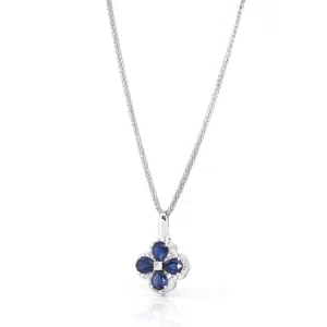 18k White Gold Natural Blue Sapphire 4 Stone Necklace With Diamonds