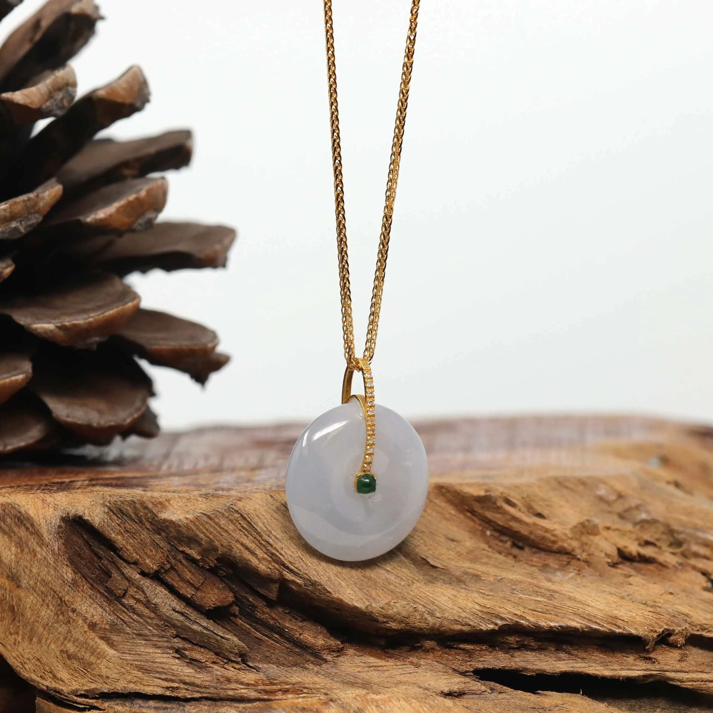 18K Yellow Gold "Good Luck Button" Necklace Ice Jadeite Jade Pendant Necklace