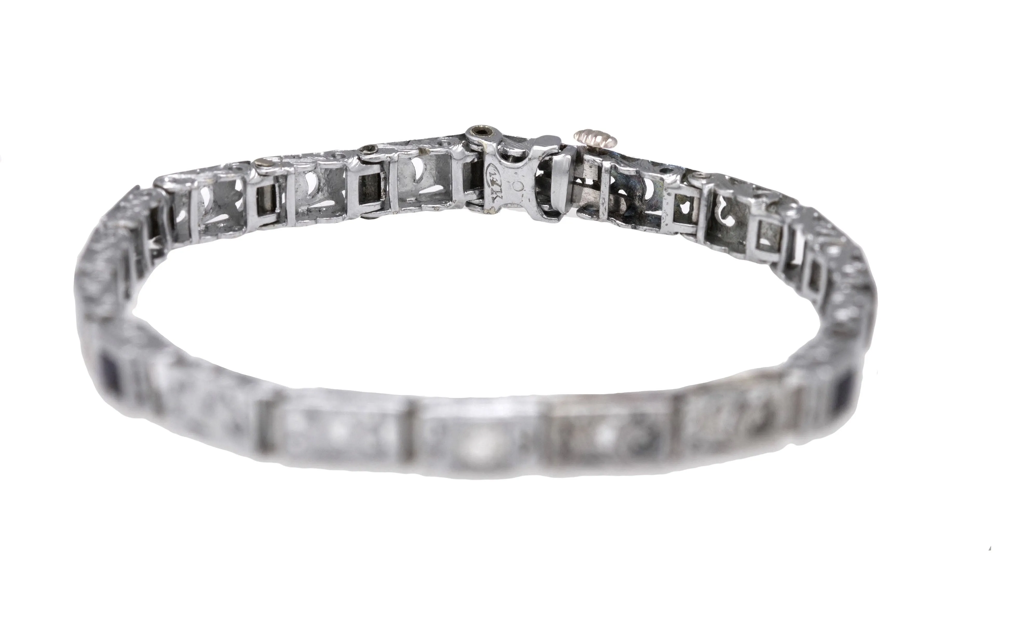 1930s Antique Art Deco 14K White Gold 0.29ctw Sapphire Diamond Filigree Bracelet