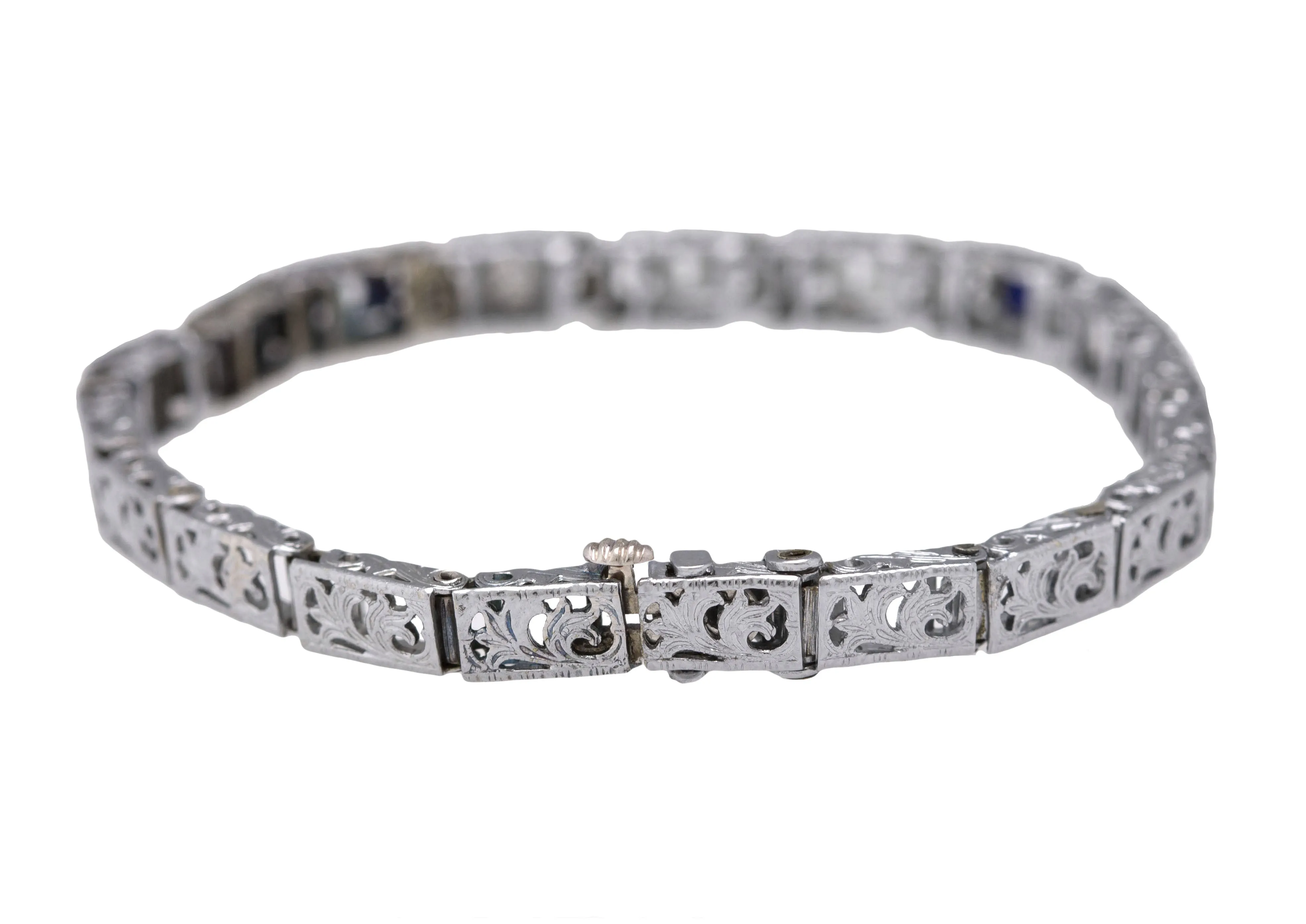 1930s Antique Art Deco 14K White Gold 0.29ctw Sapphire Diamond Filigree Bracelet