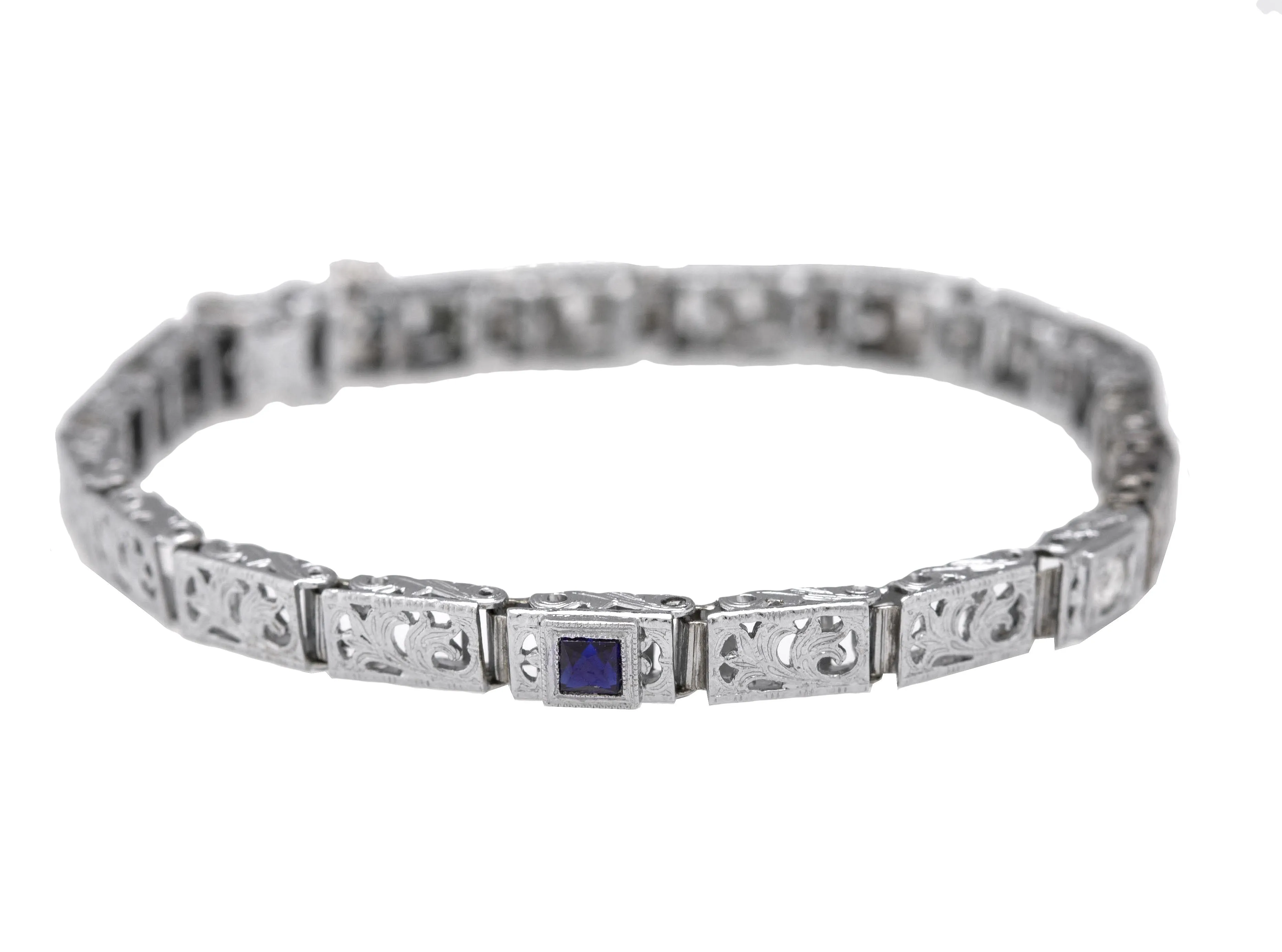 1930s Antique Art Deco 14K White Gold 0.29ctw Sapphire Diamond Filigree Bracelet