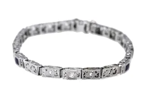 1930s Antique Art Deco 14K White Gold 0.29ctw Sapphire Diamond Filigree Bracelet