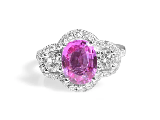 2.09ct Pink Sapphire Three Stone and Diamond Ring