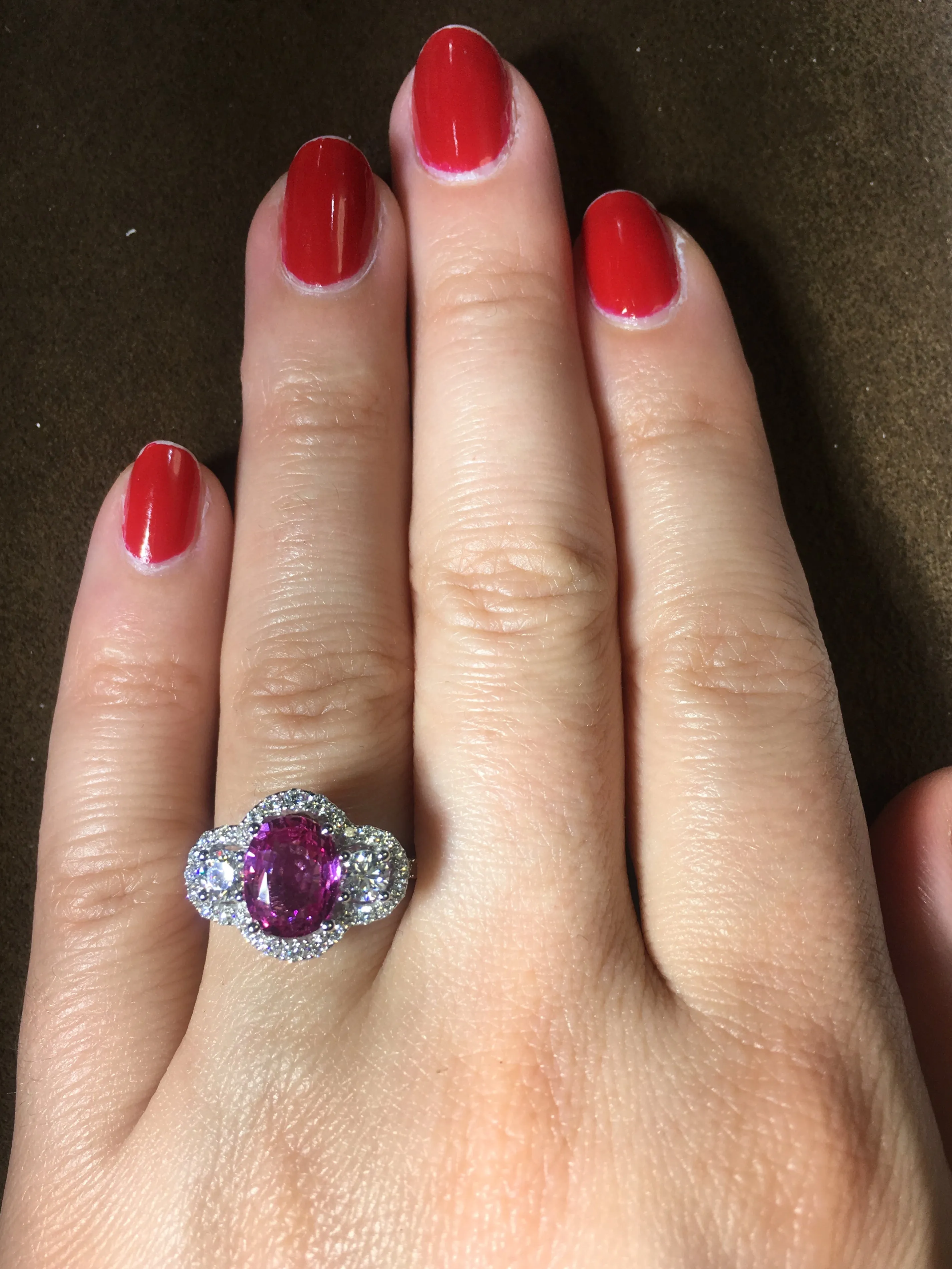 2.09ct Pink Sapphire Three Stone and Diamond Ring
