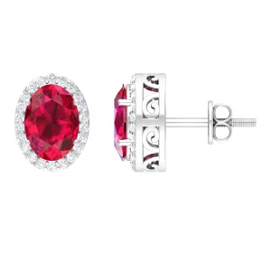3.25 CT Created Ruby and Diamond Halo Stud Earrings