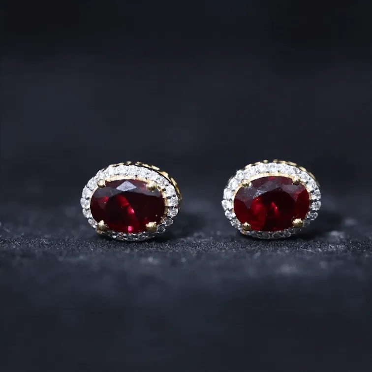3.25 CT Created Ruby and Diamond Halo Stud Earrings