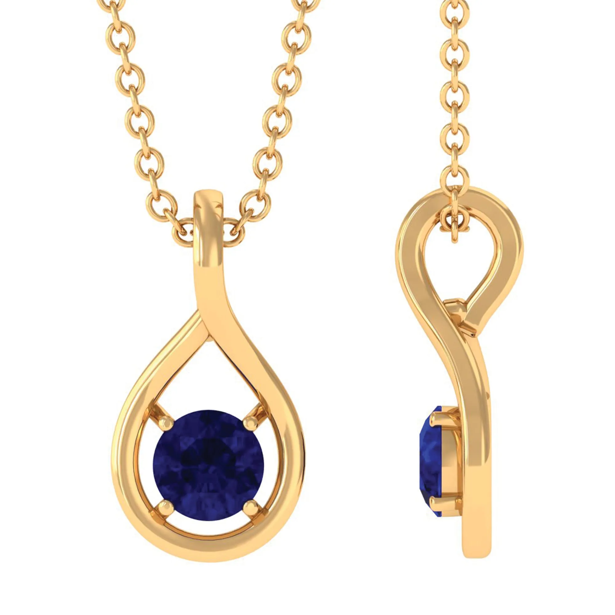 4 MM Round Cut Blue Sapphire Solitaire Gold Teardrop Pendant