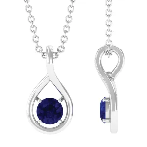 4 MM Round Cut Blue Sapphire Solitaire Gold Teardrop Pendant