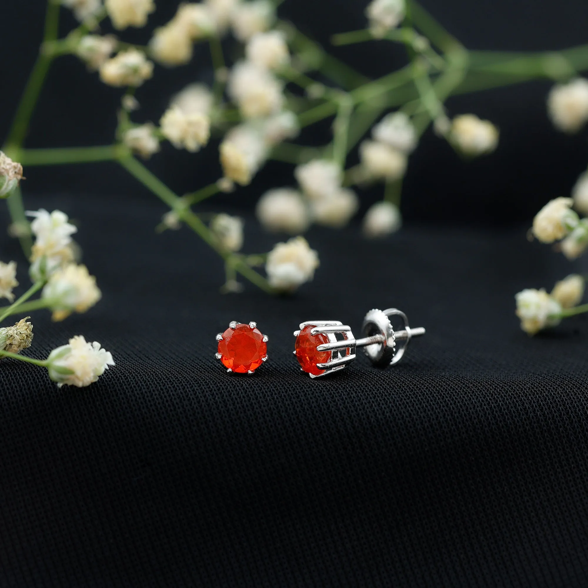 4.5 MM Natural Fire Opal Solitaire Stud Earrings in 8 Claw Prong Setting