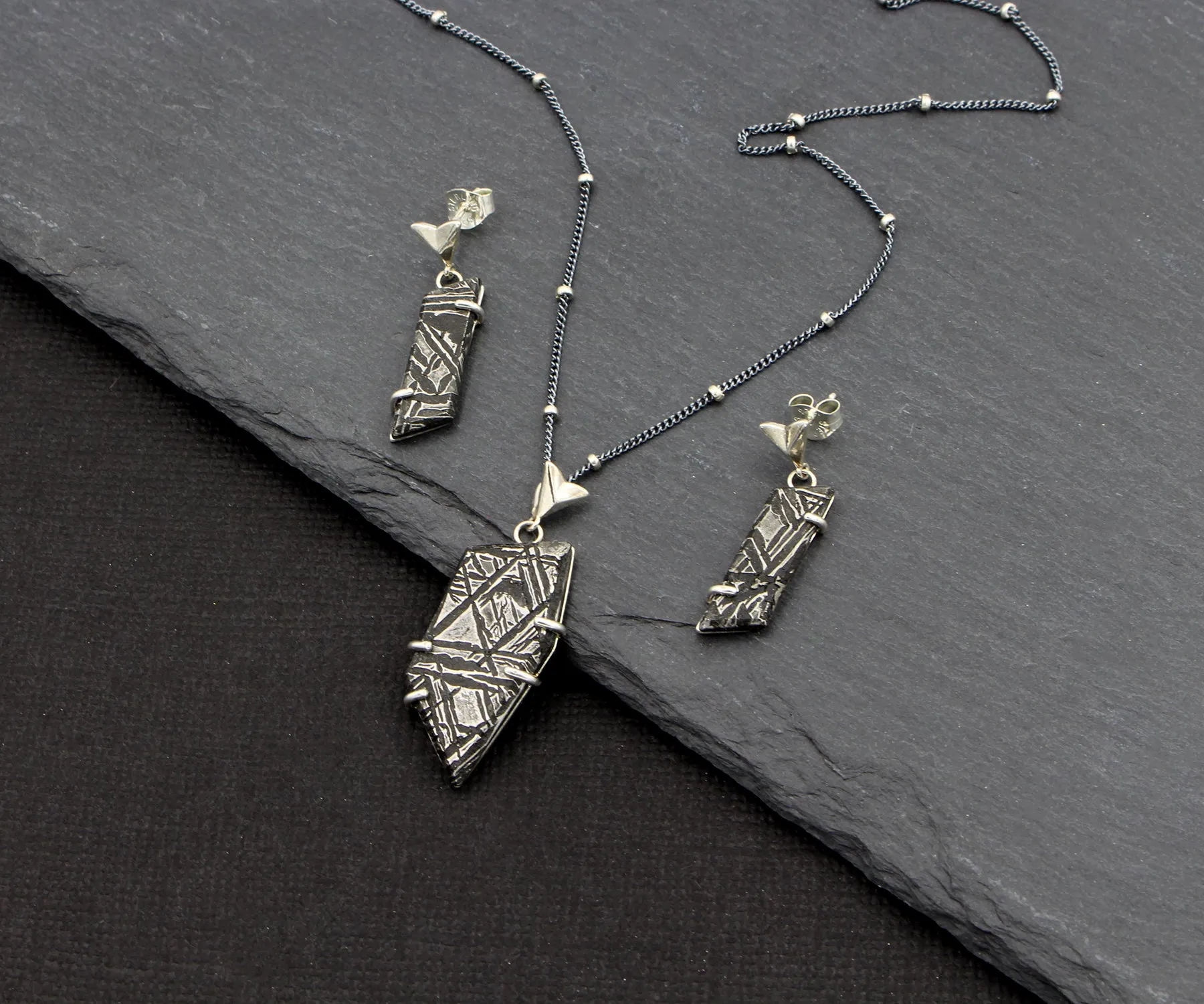 Angular Meteorite Necklace Matching Earrings