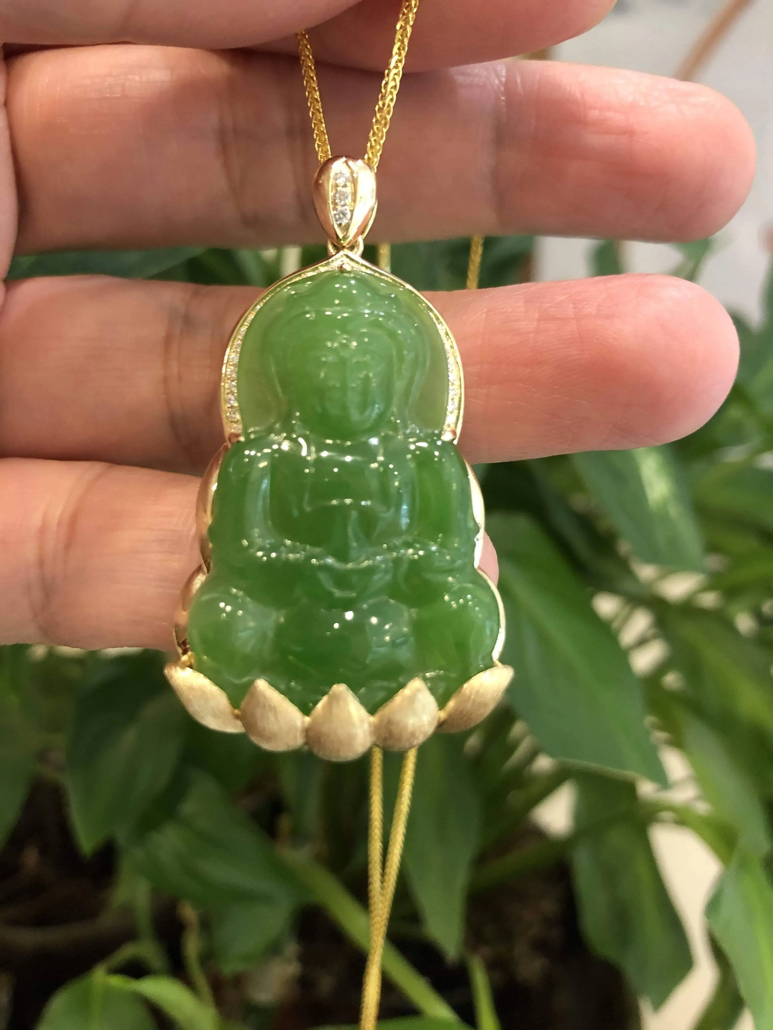 Baikalla™ 14K Yellow Gold Genuine Nephrite Luxury Apple Green Jade Guanyin Pendant Necklace With VVS1 Diamonds
