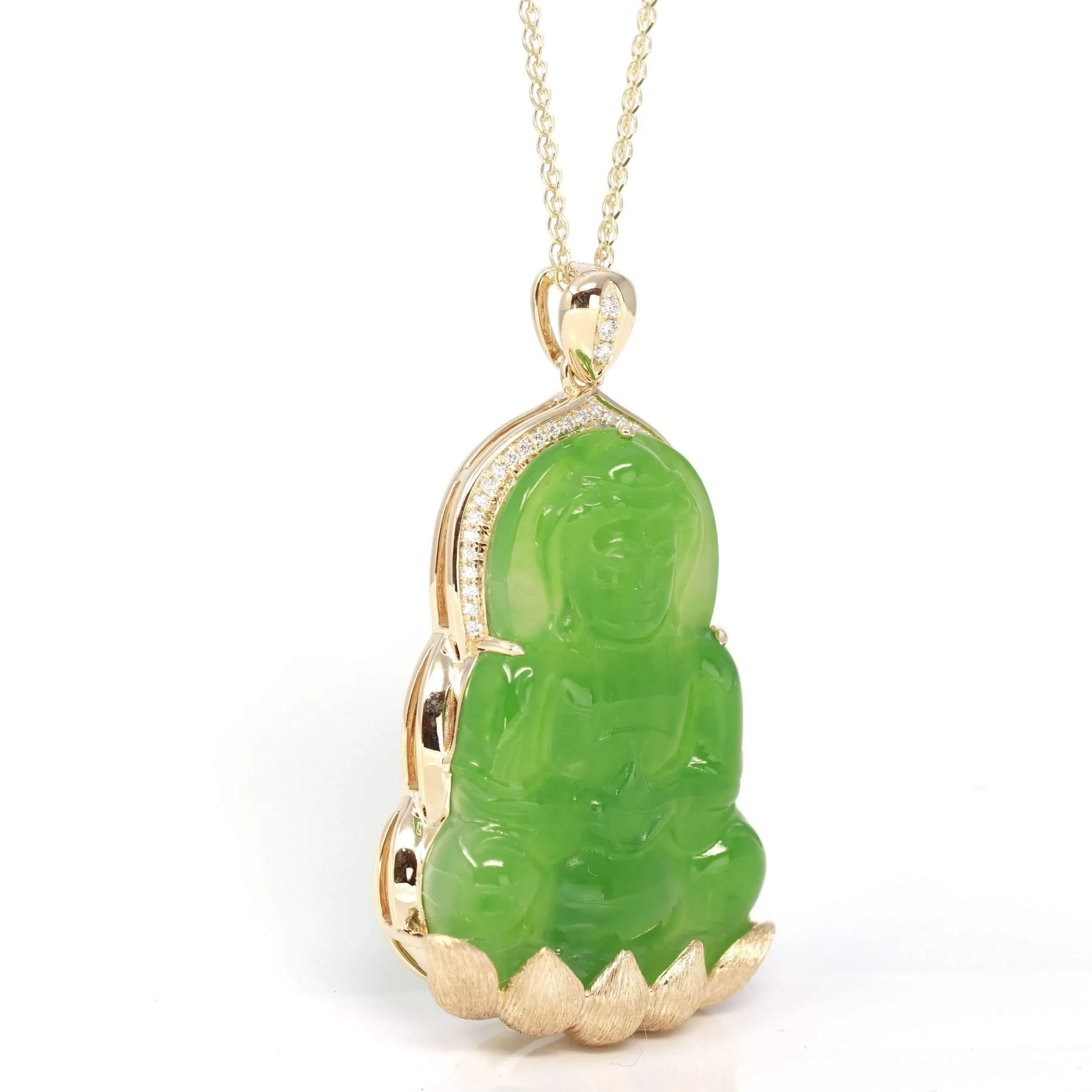 Baikalla™ 14K Yellow Gold Genuine Nephrite Luxury Apple Green Jade Guanyin Pendant Necklace With VVS1 Diamonds