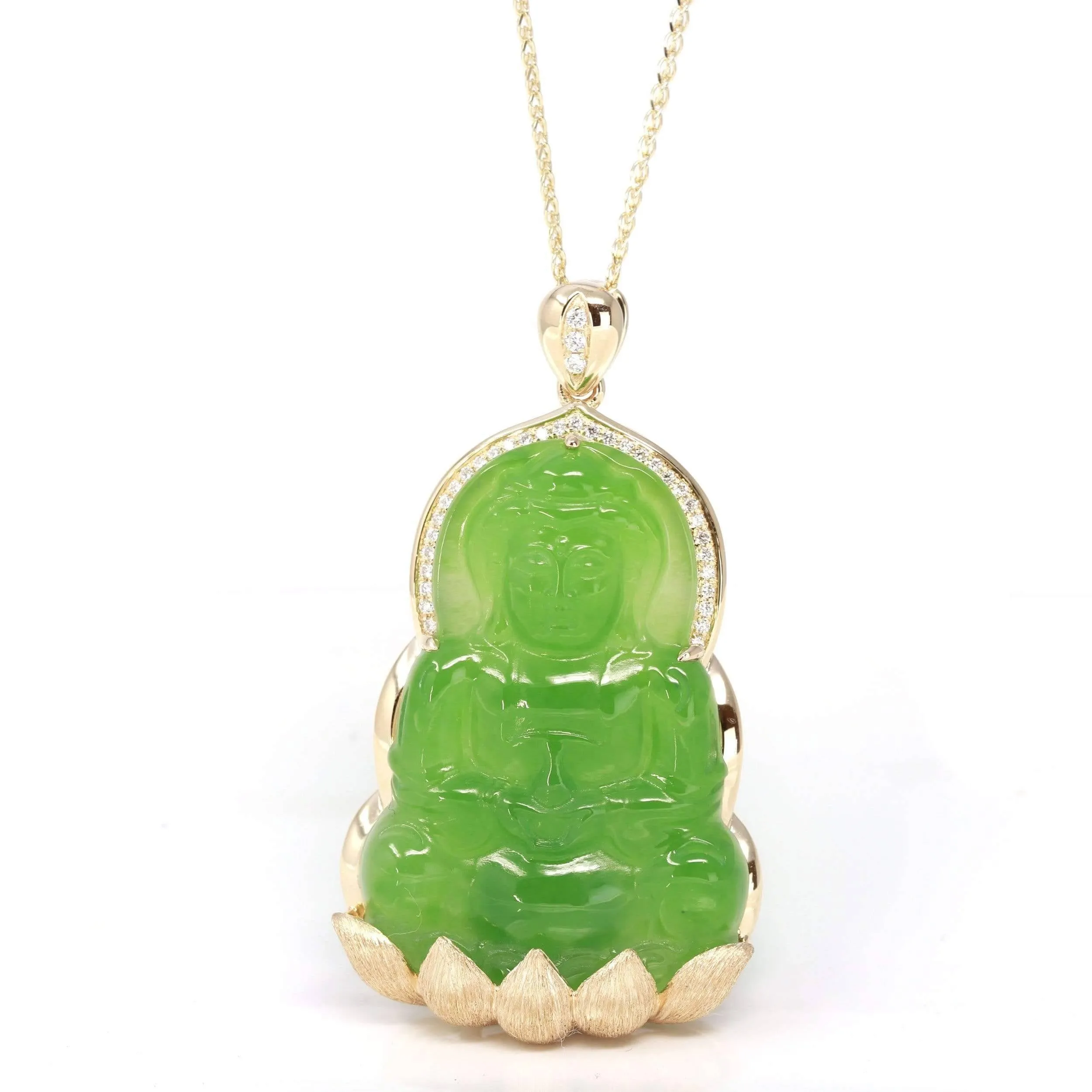 Baikalla™ 14K Yellow Gold Genuine Nephrite Luxury Apple Green Jade Guanyin Pendant Necklace With VVS1 Diamonds